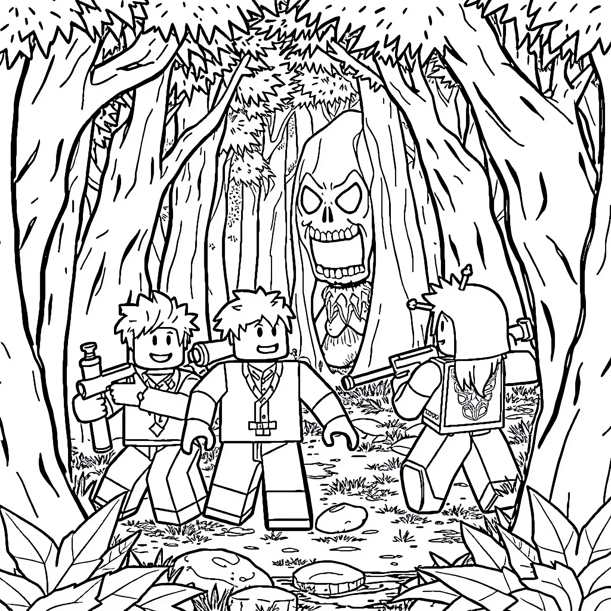 Roblox characters exploring a creepy forest Coloring Page (free black-and-white line drawing printable PDF for all, from beginners to advanced learners, including children, teens, adults, and seniors)