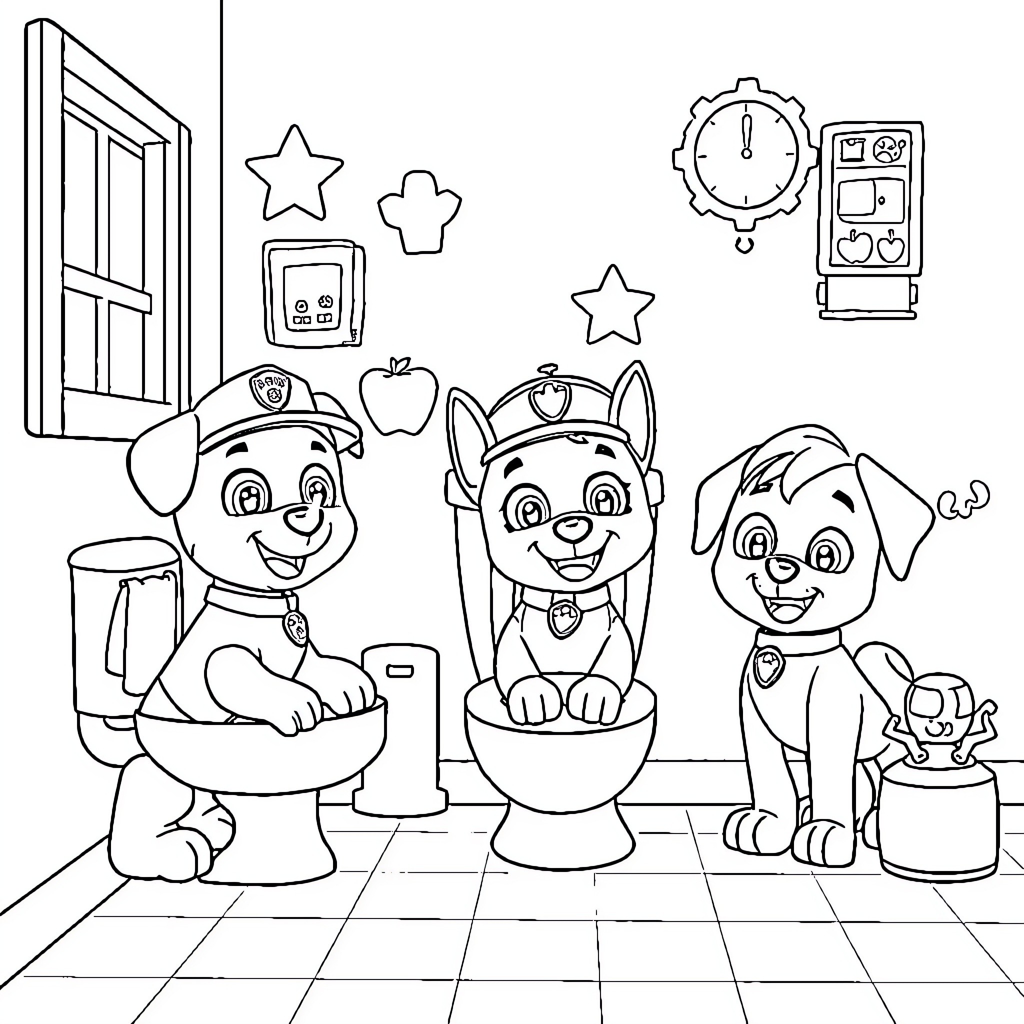 Paw Patrol Characters in Playful Bathroom Scene Coloring Page (free black-and-white line drawing printable PDF for all, from beginners to advanced learners, including children, teens, adults, and seniors)