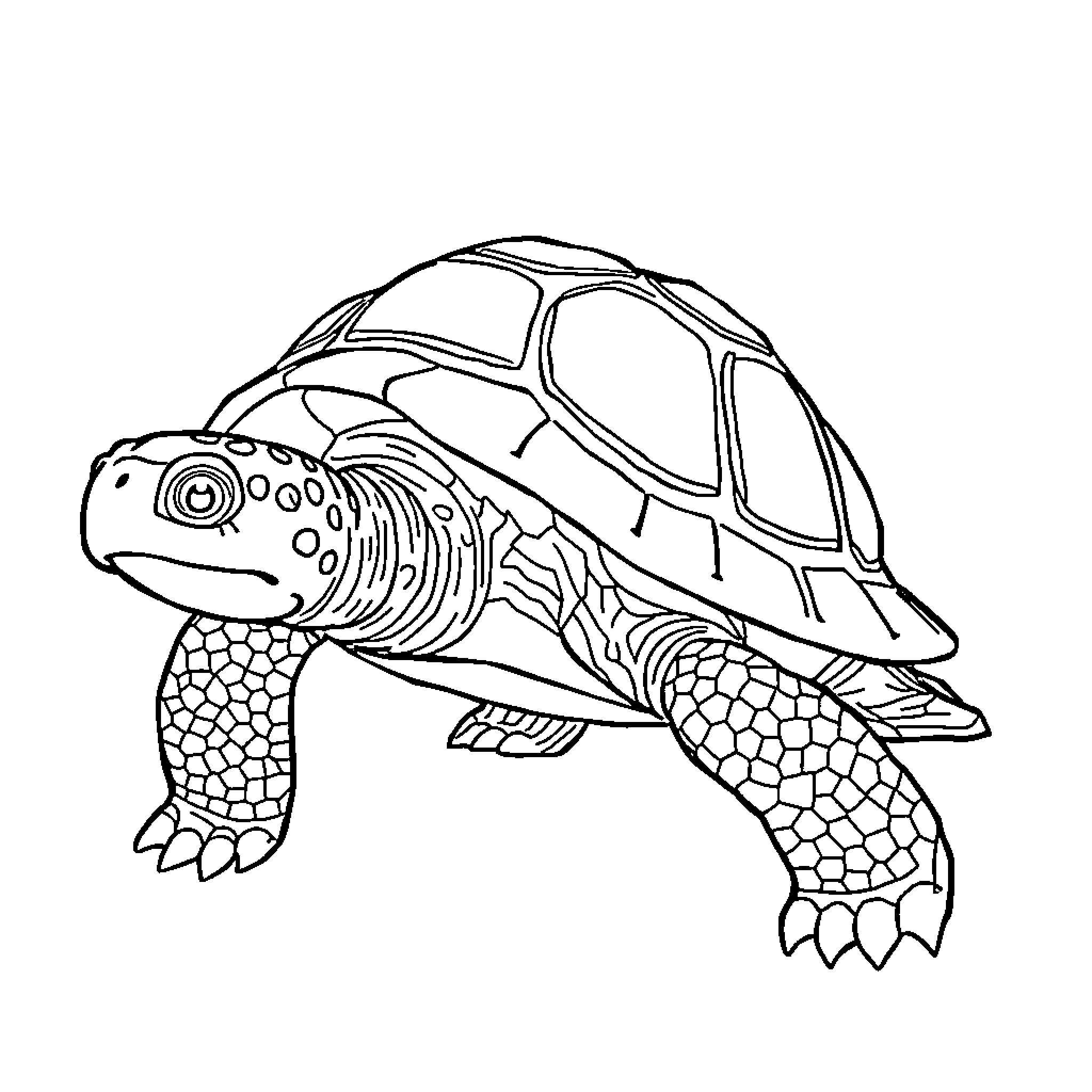 Turtle with intricate shell pattern Coloring Page (free black-and-white line drawing printable PDF for all, from beginners to advanced learners, including children, teens, adults, and seniors)