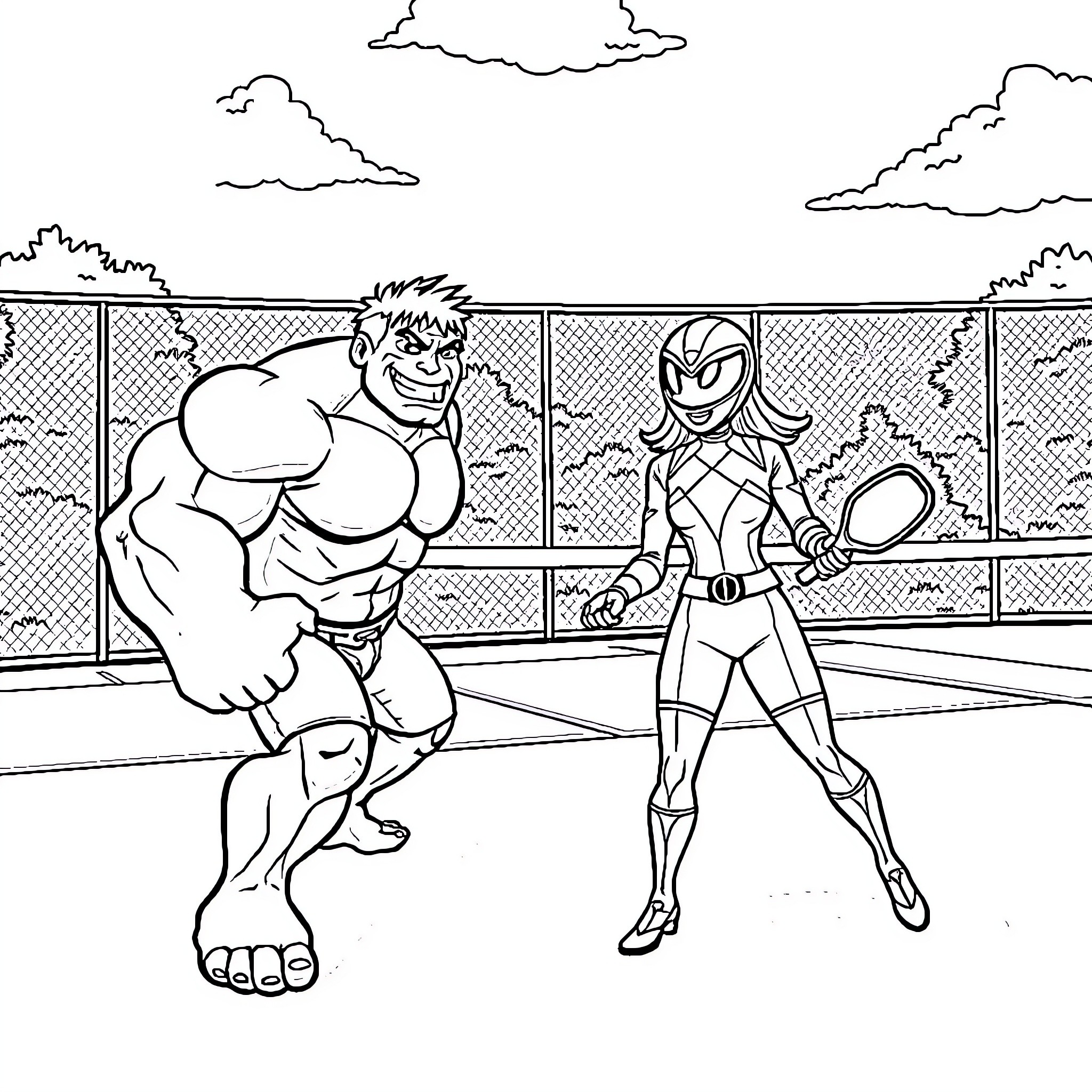 Hulk and Superheroine Facing Off in Arena Coloring Page (free black-and-white line drawing printable PDF for all, from beginners to advanced learners, including children, teens, adults, and seniors)