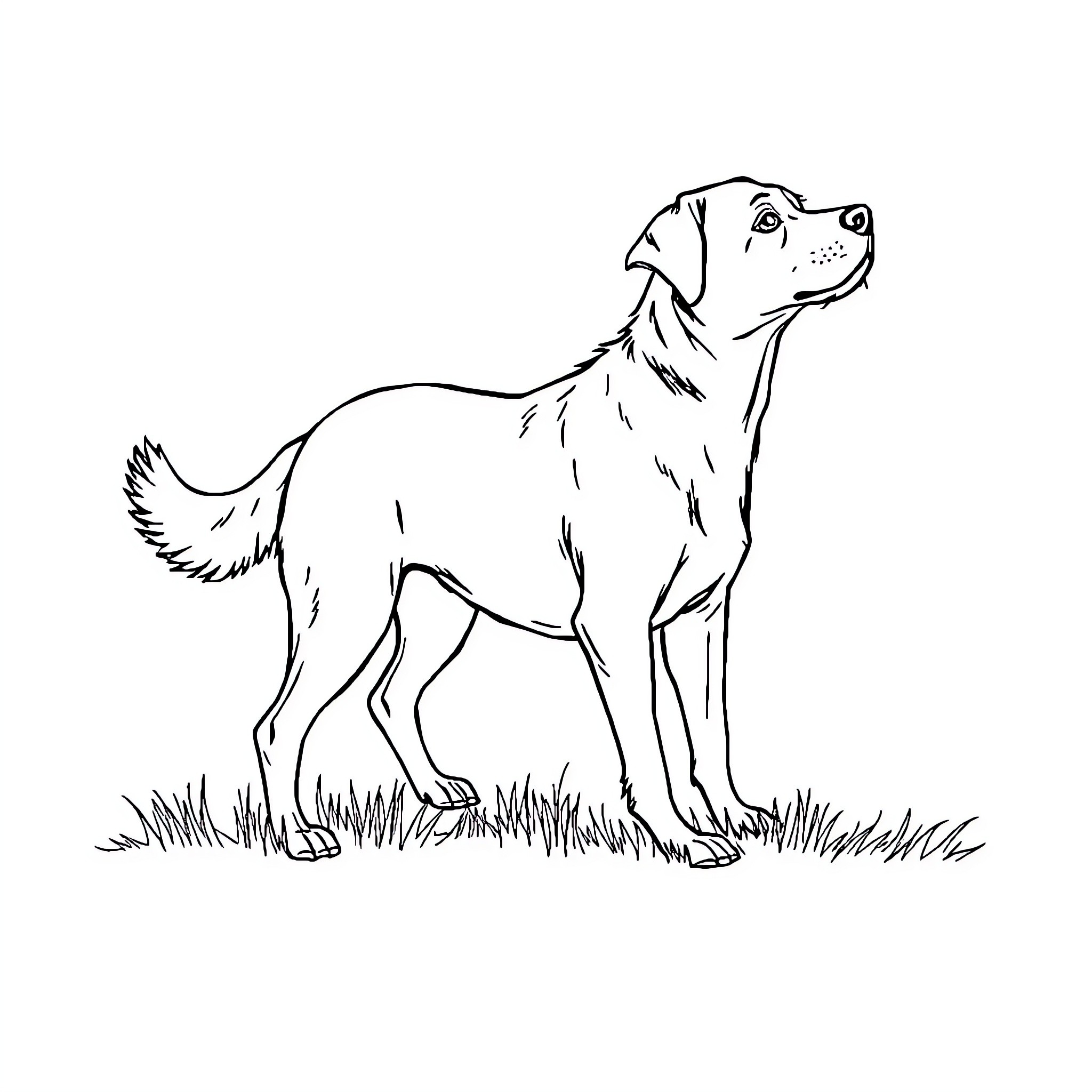 Dog standing in grassy field Coloring Page (free black-and-white line drawing printable PDF for all, from beginners to advanced learners, including children, teens, adults, and seniors)
