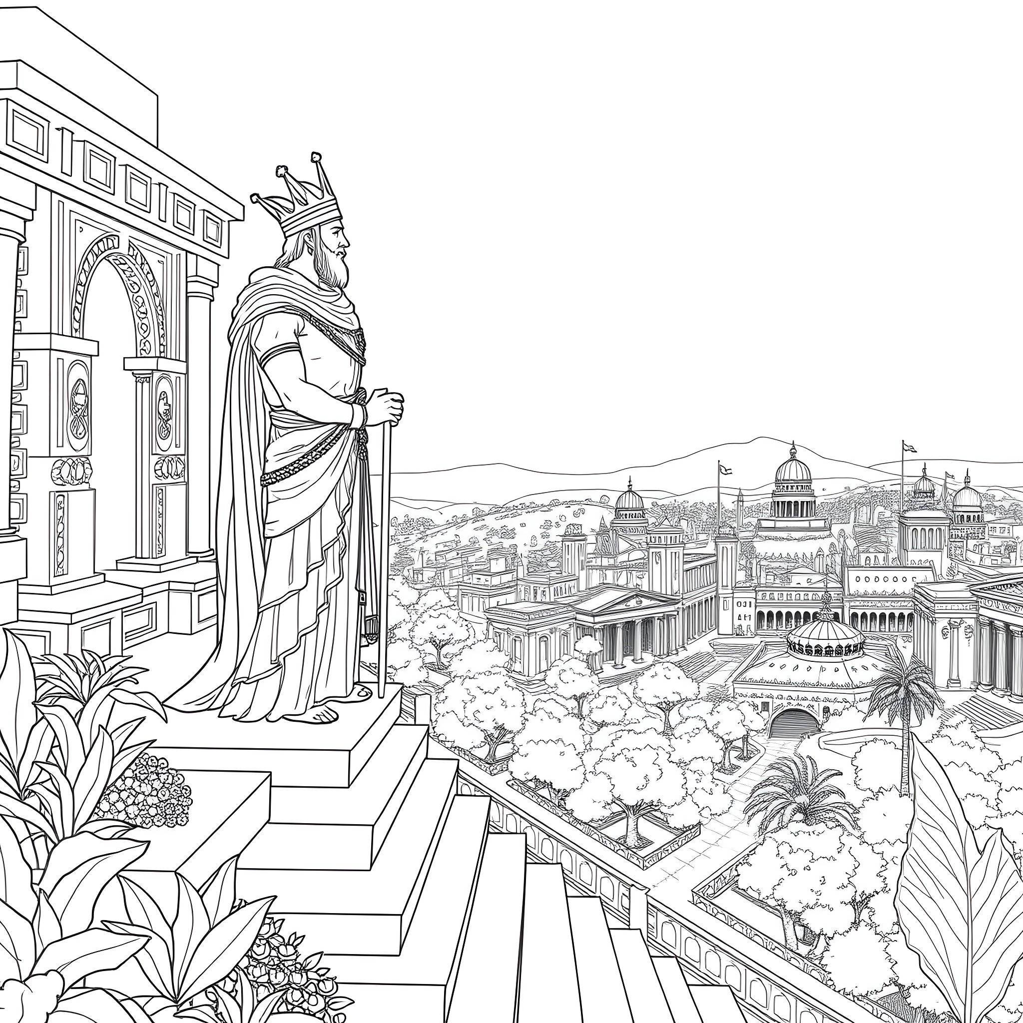 Assyrian King overlooking grand palace and cityscape Coloring Page (free black-and-white line drawing printable PDF for all, from beginners to advanced learners, including children, teens, adults, and seniors)