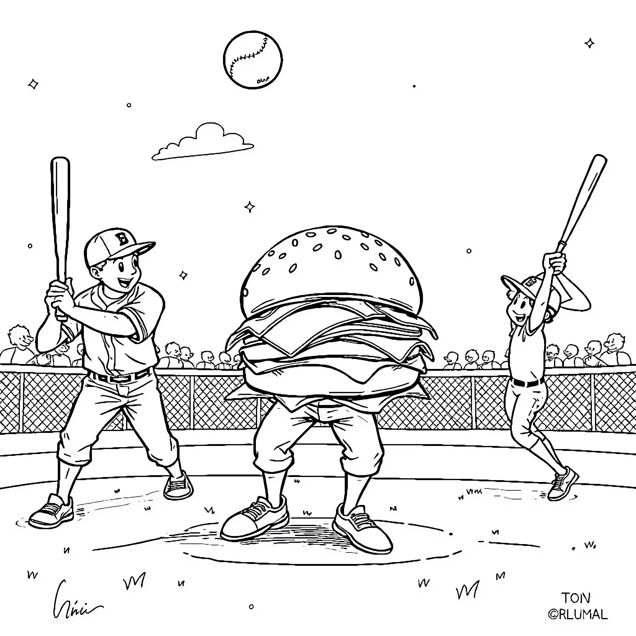 Baseball Players in Action on the Field Coloring Page (free black-and-white line drawing printable PDF for all, from beginners to advanced learners, including children, teens, adults, and seniors)