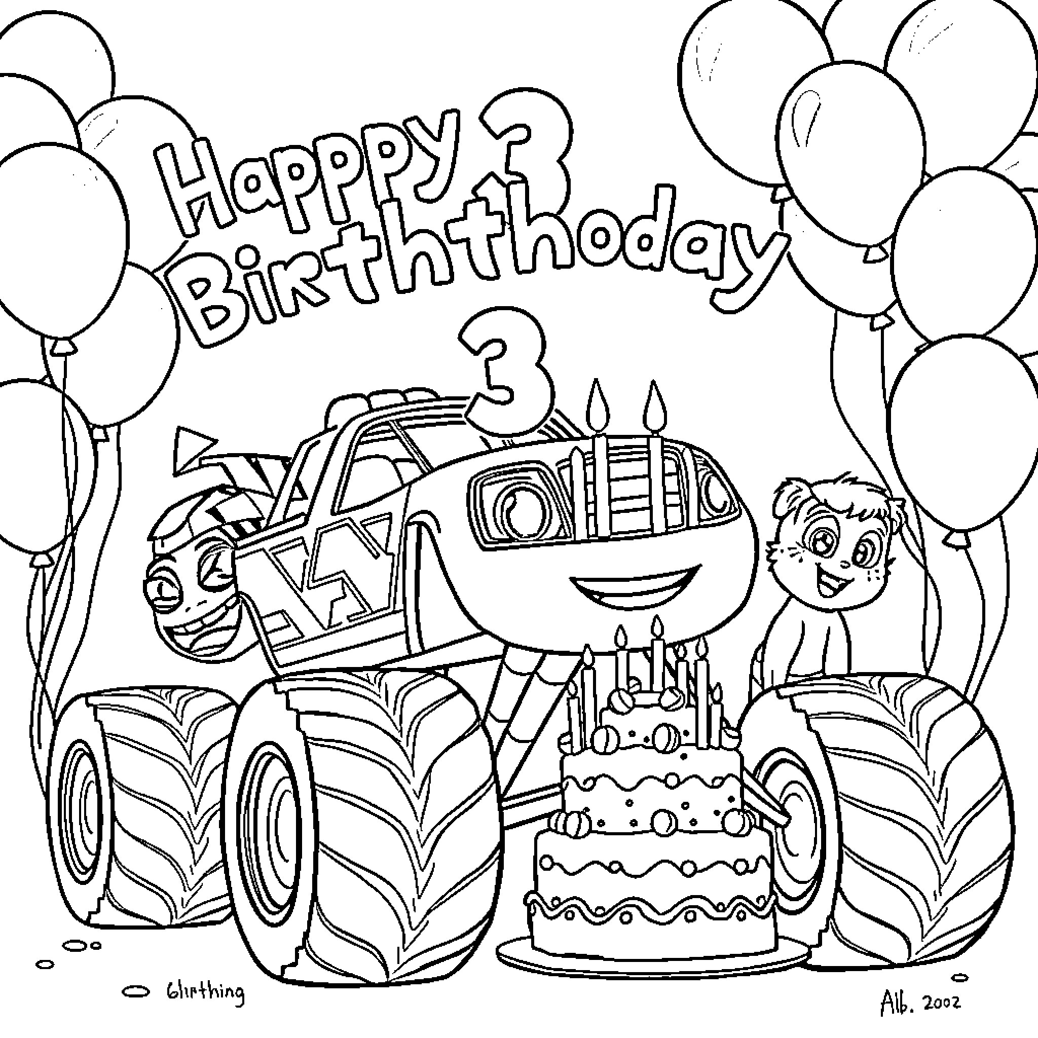 Blaze celebrates 3rd birthday with monster truck and cake Coloring Page (free black-and-white line drawing printable PDF for all, from beginners to advanced learners, including children, teens, adults, and seniors)