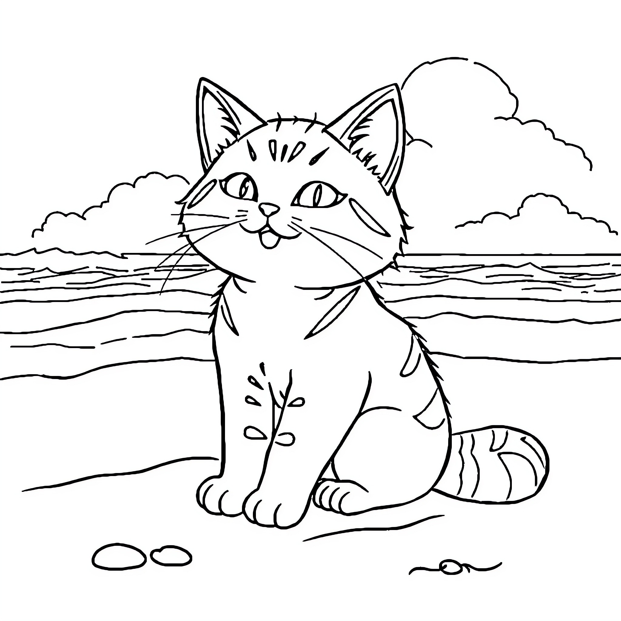 Nekoma cat enjoying the seaside view Coloring Page (free black-and-white line drawing printable PDF for all, from beginners to advanced learners, including children, teens, adults, and seniors)