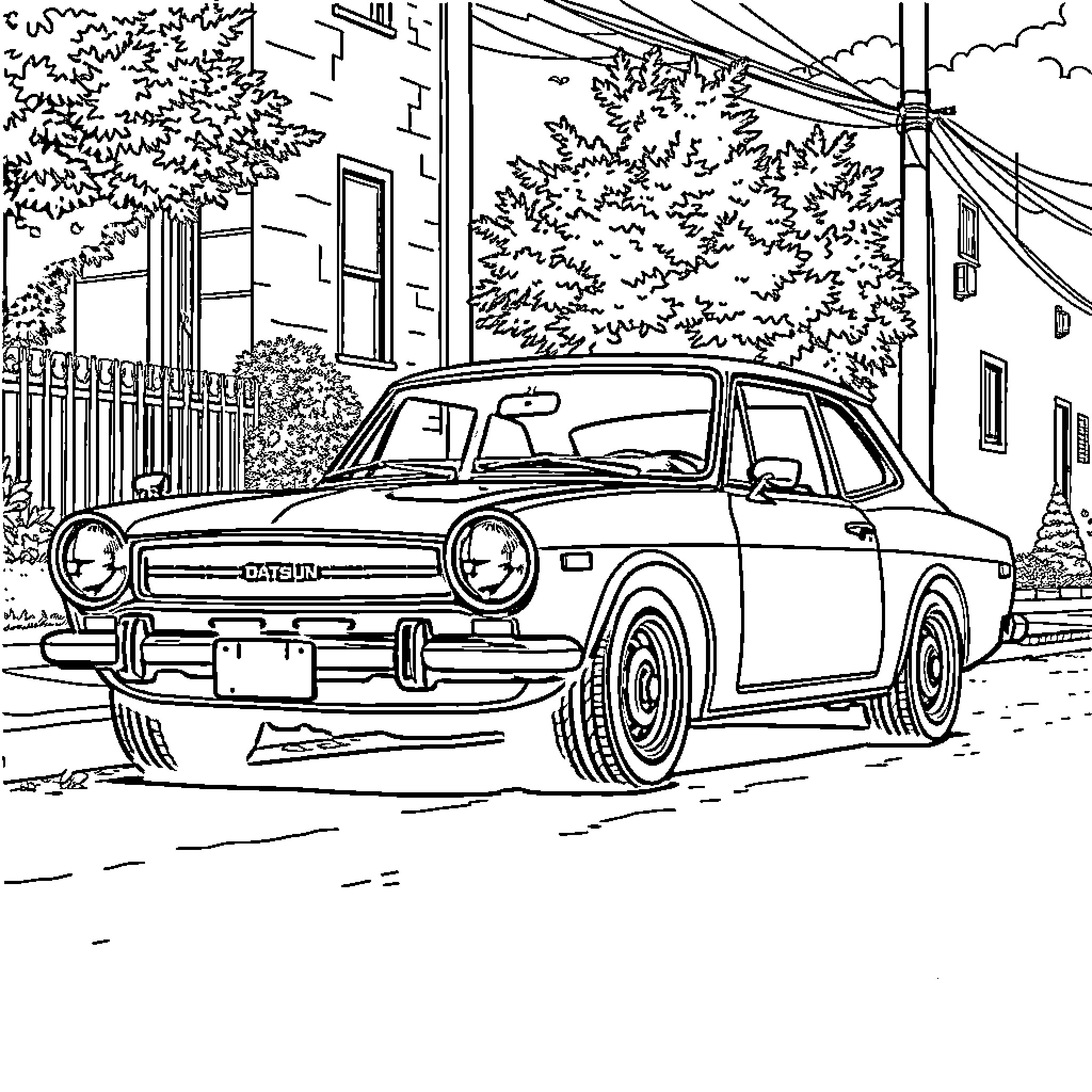 Datsun classic car on city street Coloring Page (free black-and-white line drawing printable PDF for all, from beginners to advanced learners, including children, teens, adults, and seniors)