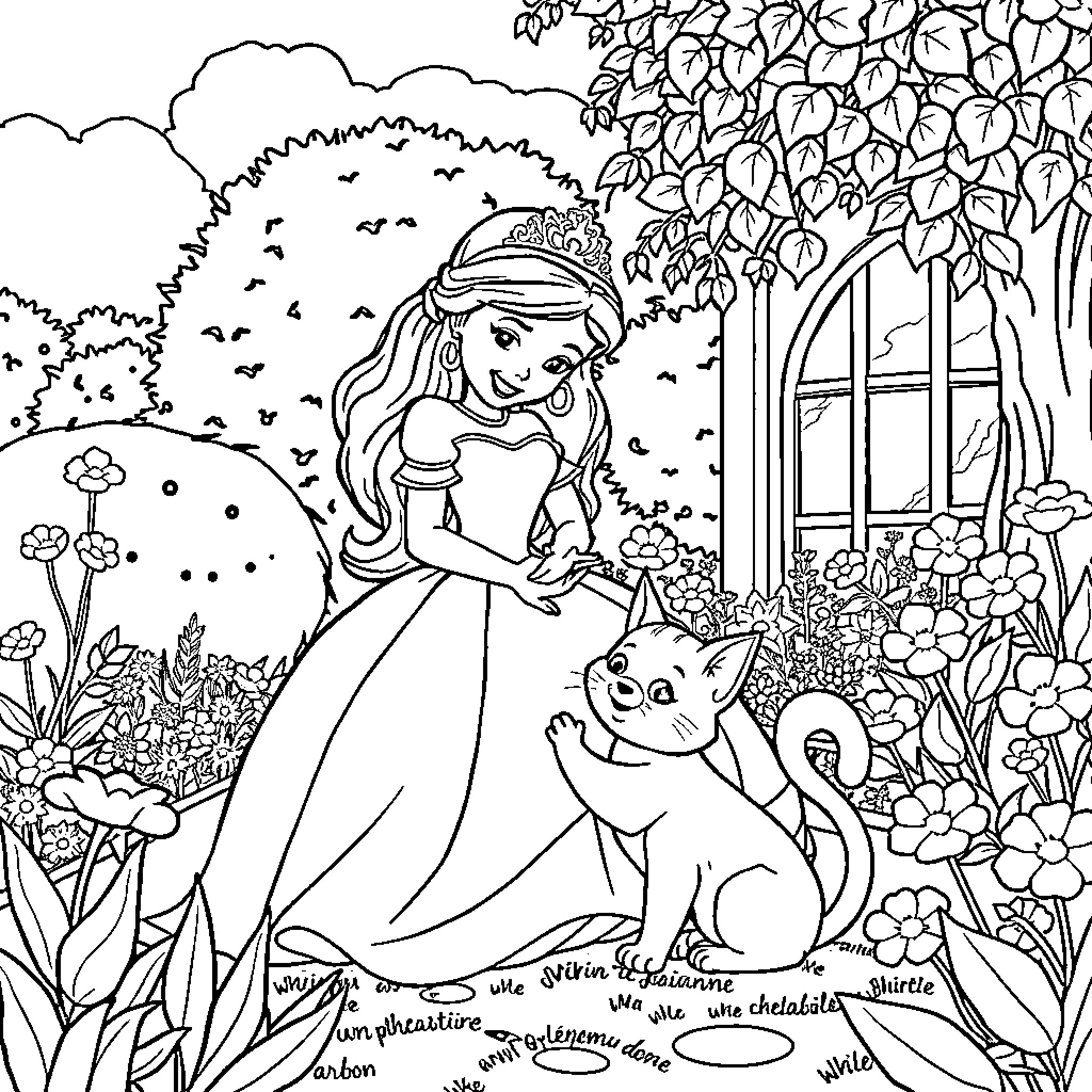 Princess in a Vibrant Garden with Playful Companion Coloring Page (free black-and-white line drawing printable PDF for all, from beginners to advanced learners, including children, teens, adults, and seniors)