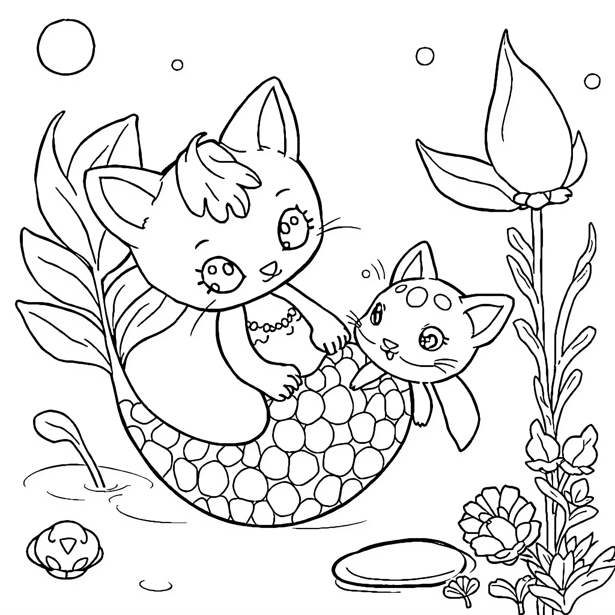 Kitty mermaid friends in the underwater garden Coloring Page (free black-and-white line drawing printable PDF for all, from beginners to advanced learners, including children, teens, adults, and seniors)