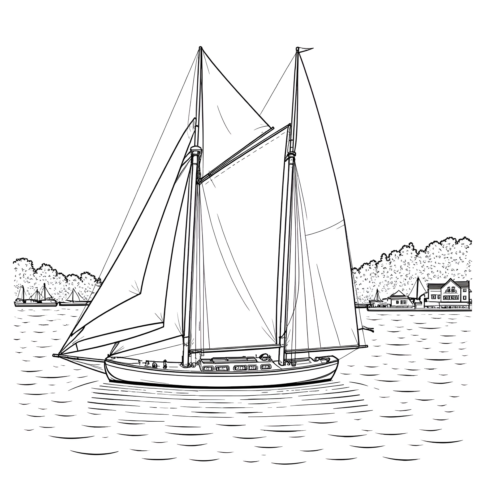 Schooner sailing on tranquil waters Coloring Page (free black-and-white line drawing printable PDF for all, from beginners to advanced learners, including children, teens, adults, and seniors)
