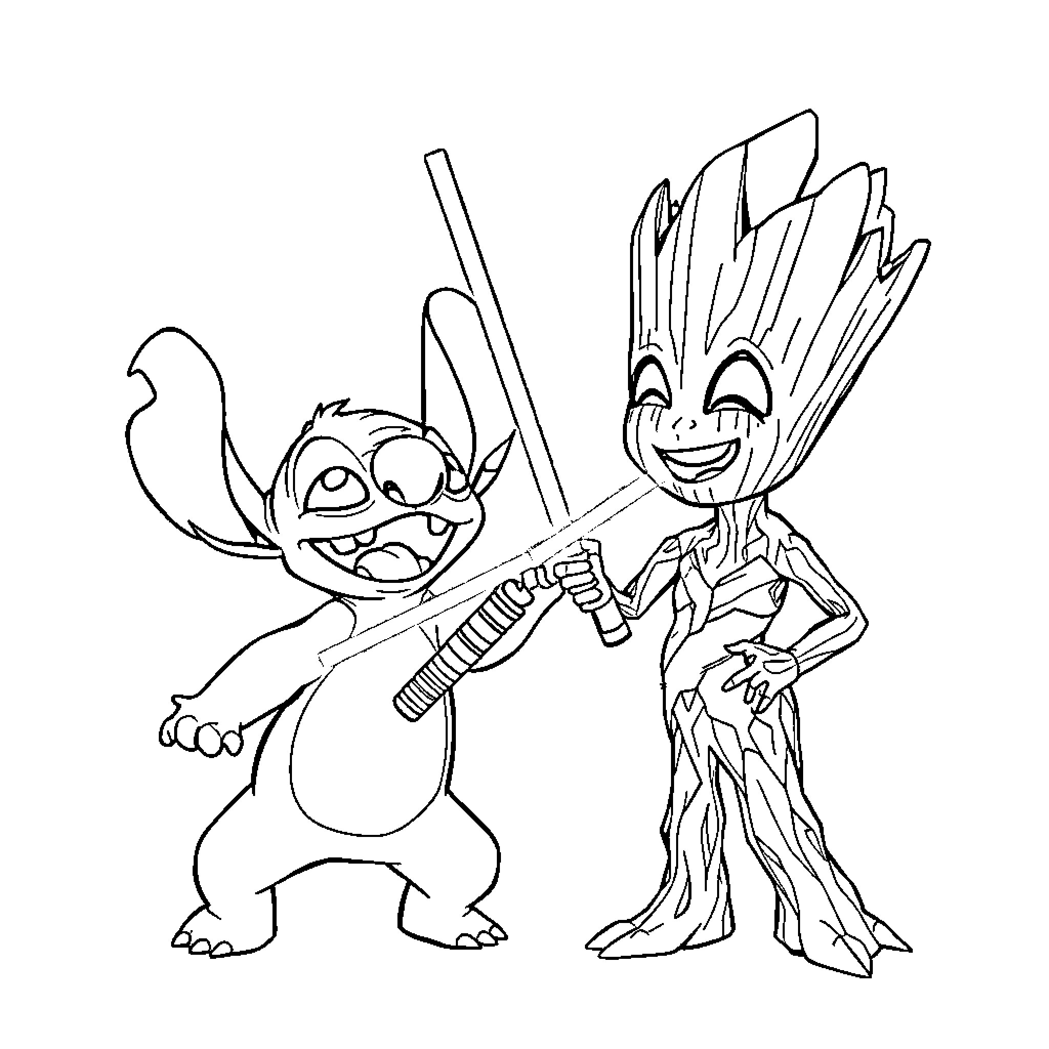 Stitch and Groot playfully interacting Coloring Page (free black-and-white line drawing printable PDF for all, from beginners to advanced learners, including children, teens, adults, and seniors)
