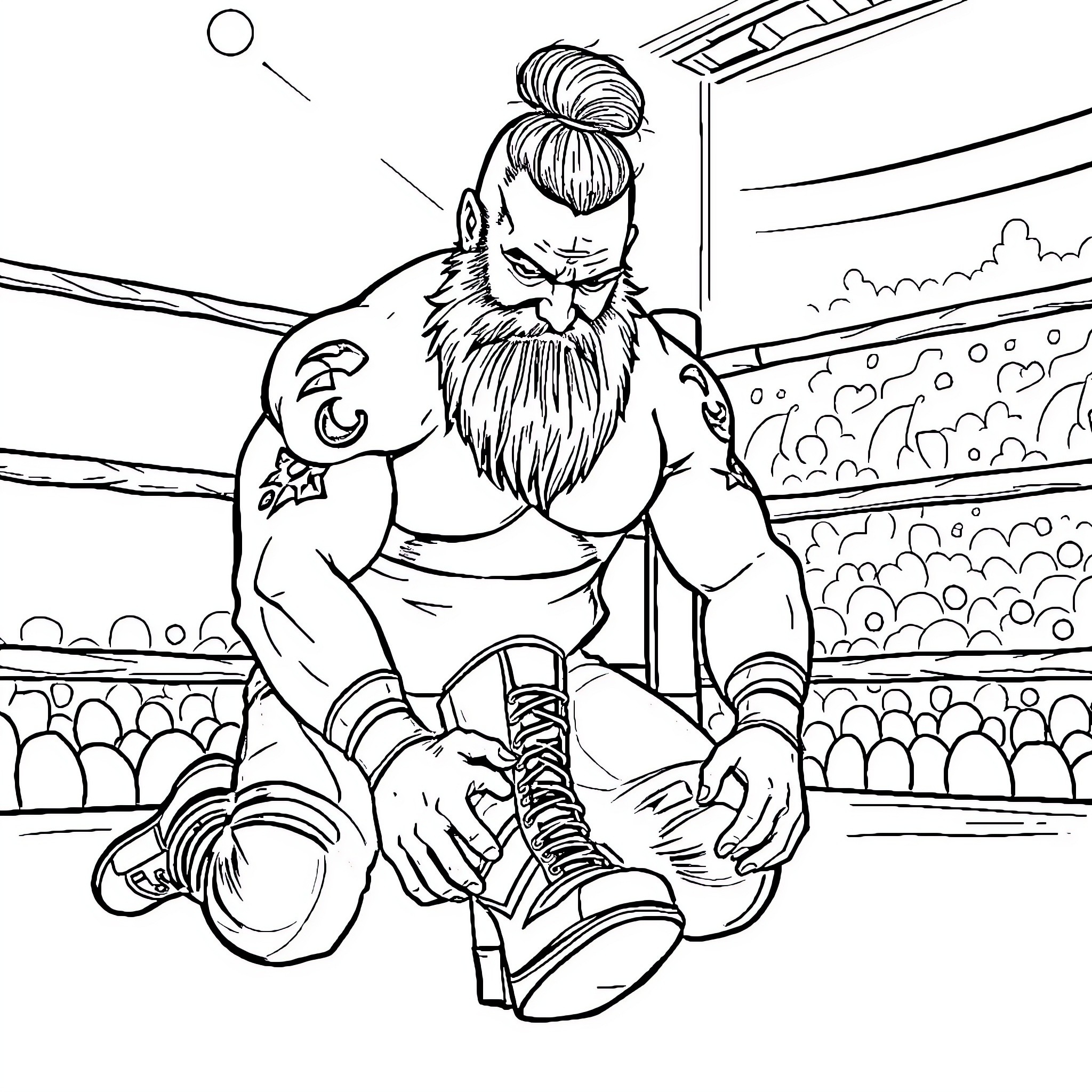 Wrestler in intense grappling match in the ring Coloring Page (free black-and-white line drawing printable PDF for all, from beginners to advanced learners, including children, teens, adults, and seniors)