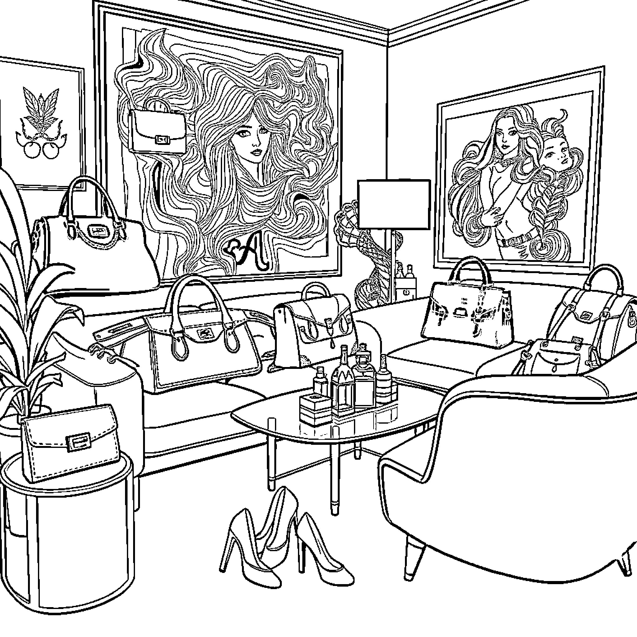 Balenciaga Fashion Accessories and Artistic Decor Coloring Page (free black-and-white line drawing printable PDF for all, from beginners to advanced learners, including children, teens, adults, and seniors)