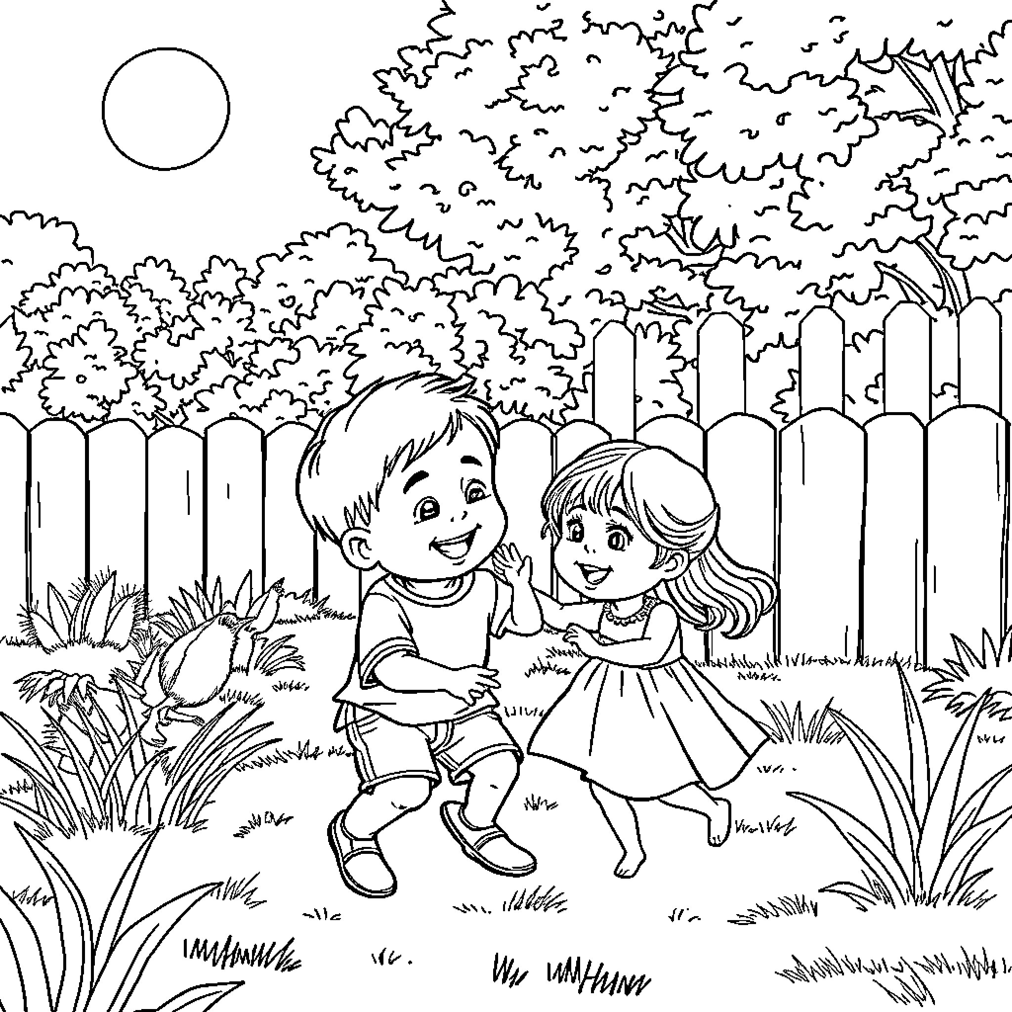 Siblings playing in the backyard Coloring Page (free black-and-white line drawing printable PDF for all, from beginners to advanced learners, including children, teens, adults, and seniors)