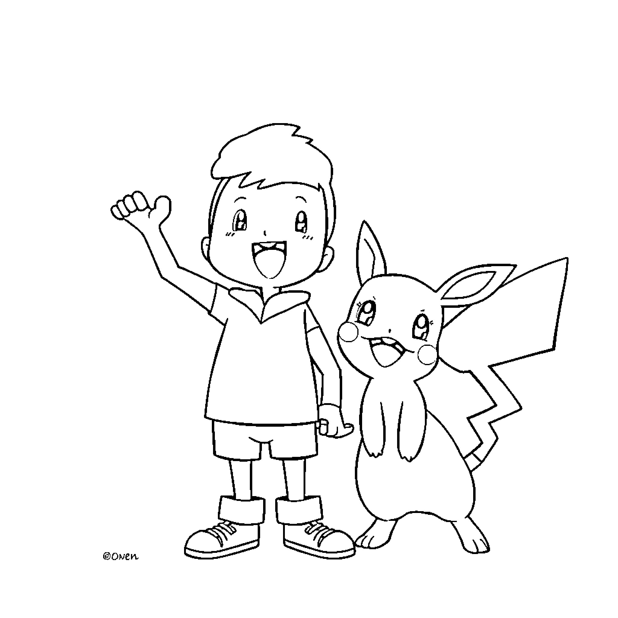 Owen and his Playful Companion Coloring Page (free black-and-white line drawing printable PDF for all, from beginners to advanced learners, including children, teens, adults, and seniors)