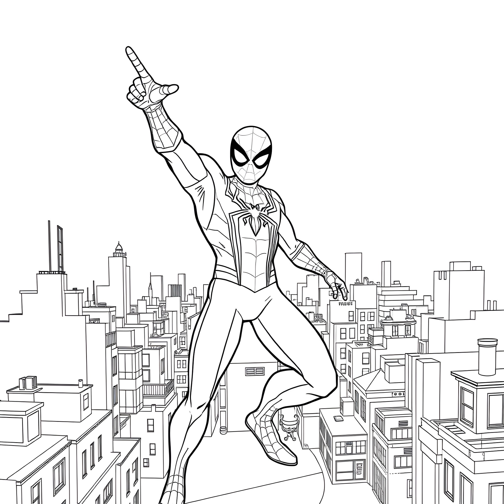 Spiderman swinging over the city skyline Coloring Page (free black-and-white line drawing printable PDF for all, from beginners to advanced learners, including children, teens, adults, and seniors)