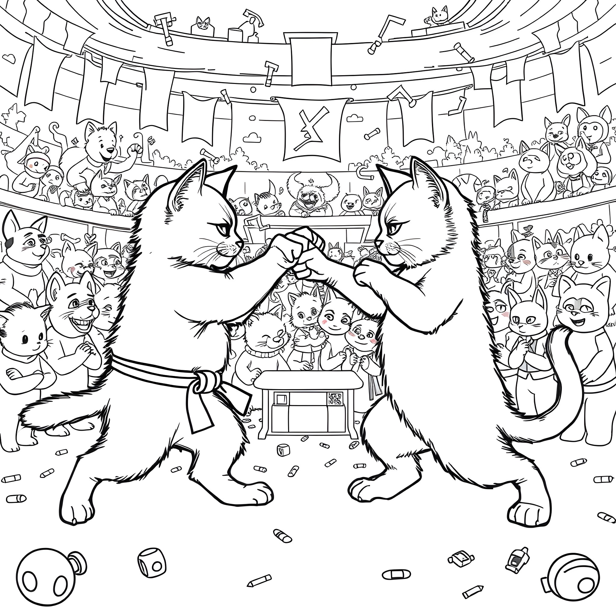Cat Performers in a Circus Celebration Coloring Page (free black-and-white line drawing printable PDF for all, from beginners to advanced learners, including children, teens, adults, and seniors)