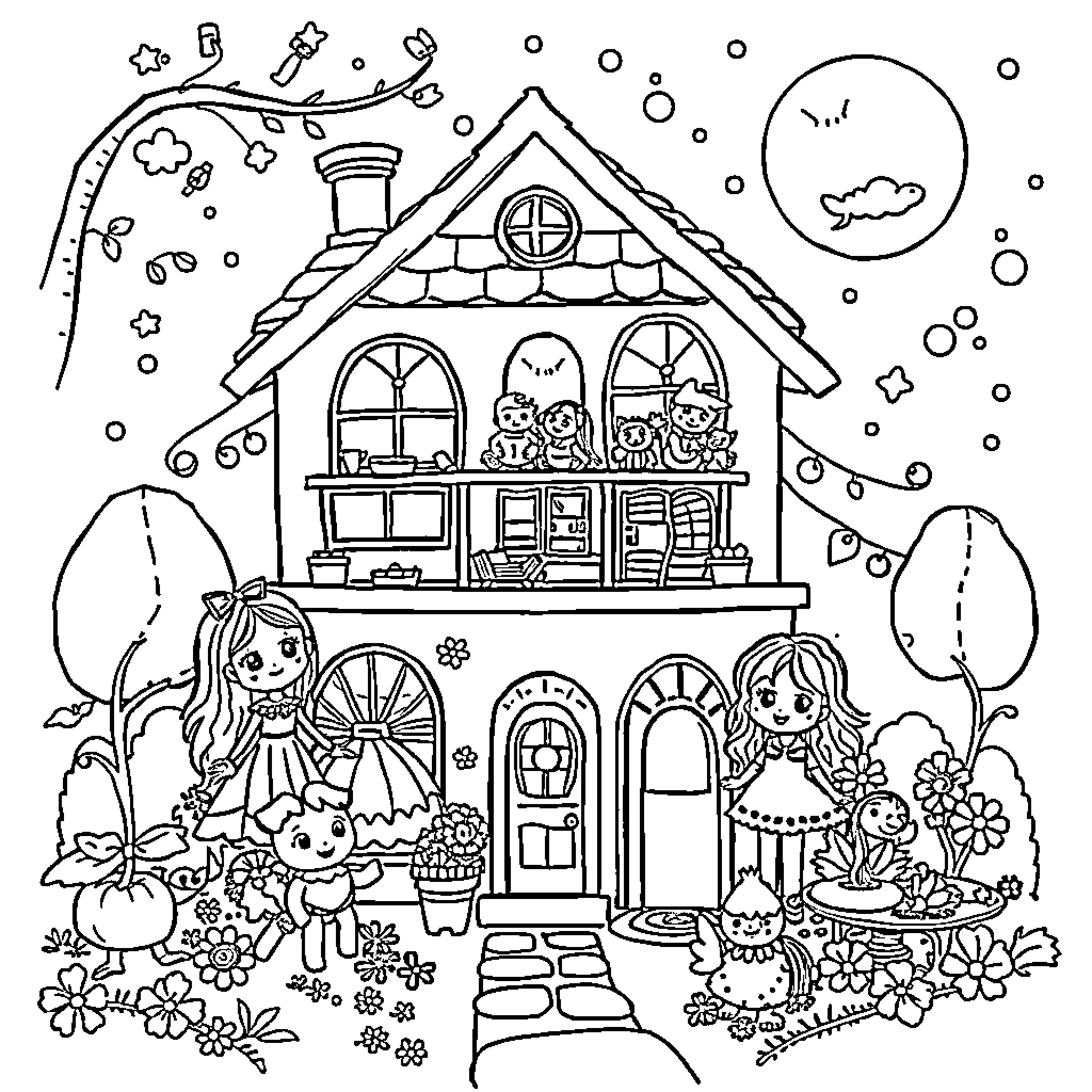 Gabby's Dollhouse Playtime at a Cozy Cottage Coloring Page (free black-and-white line drawing printable PDF for all, from beginners to advanced learners, including children, teens, adults, and seniors)