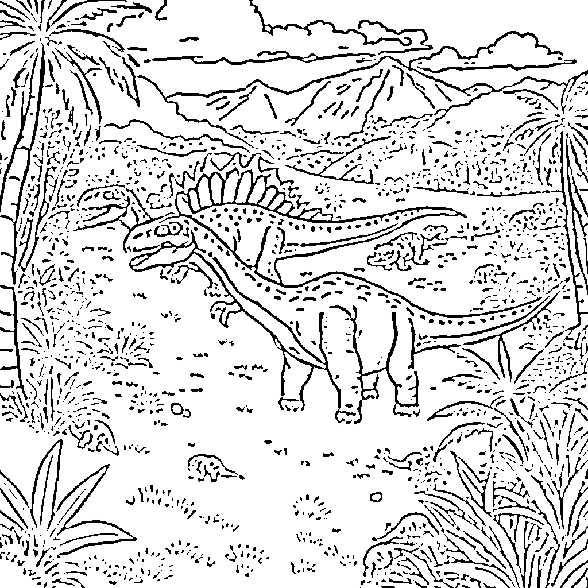 Dinosaur in a prehistoric landscape Coloring Page (free black-and-white line drawing printable PDF for all, from beginners to advanced learners, including children, teens, adults, and seniors)
