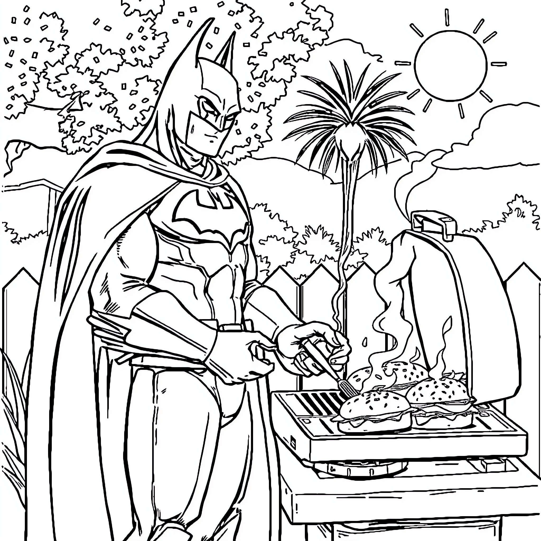 Batman Grilling in the Tropics Coloring Page (free black-and-white line drawing printable PDF for all, from beginners to advanced learners, including children, teens, adults, and seniors)