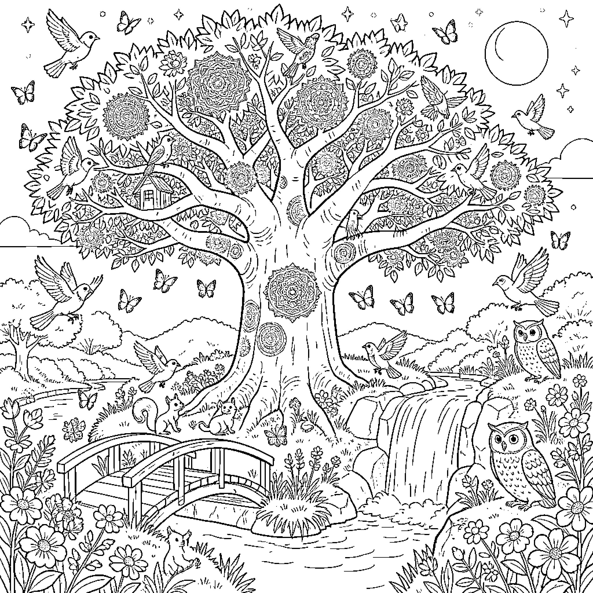 Baobab tree surrounded by birds, butterflies, and forest animals Coloring Page (free black-and-white line drawing printable PDF for all, from beginners to advanced learners, including children, teens, adults, and seniors)