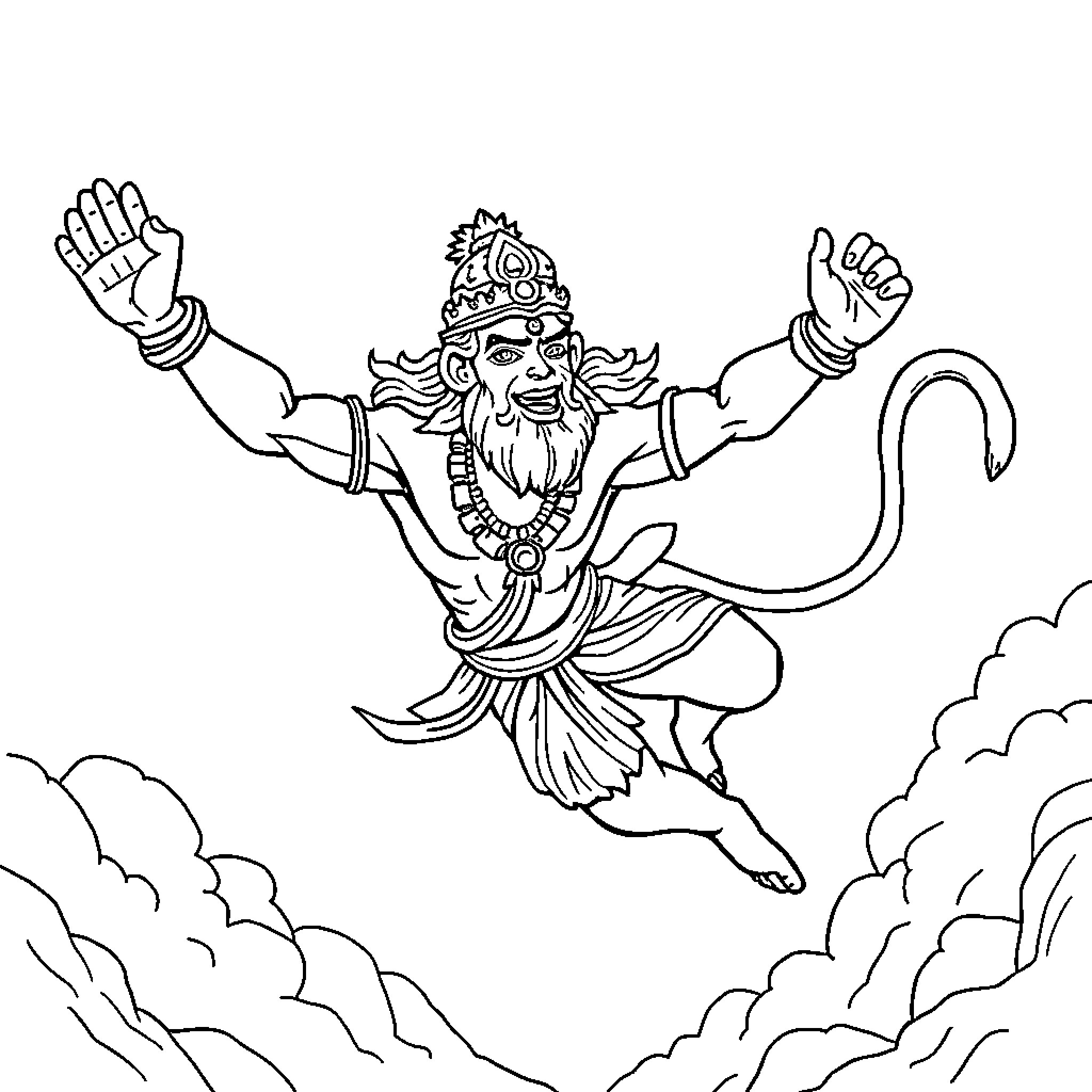 Hanuman the Mighty Leaping Deity Coloring Page (free black-and-white line drawing printable PDF for all, from beginners to advanced learners, including children, teens, adults, and seniors)