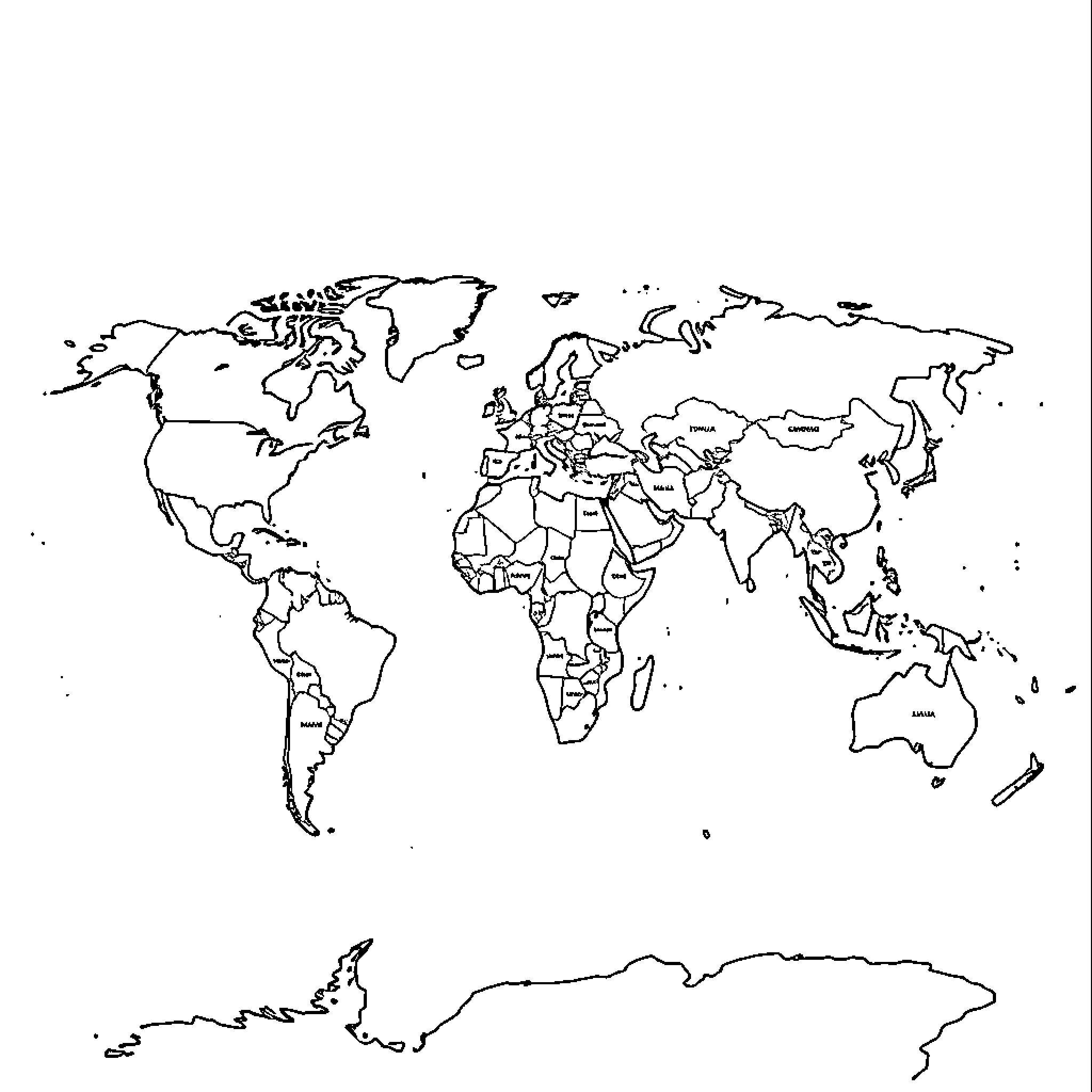 Map of the world with simplified country outlines Coloring Page (free black-and-white line drawing printable PDF for all, from beginners to advanced learners, including children, teens, adults, and seniors)