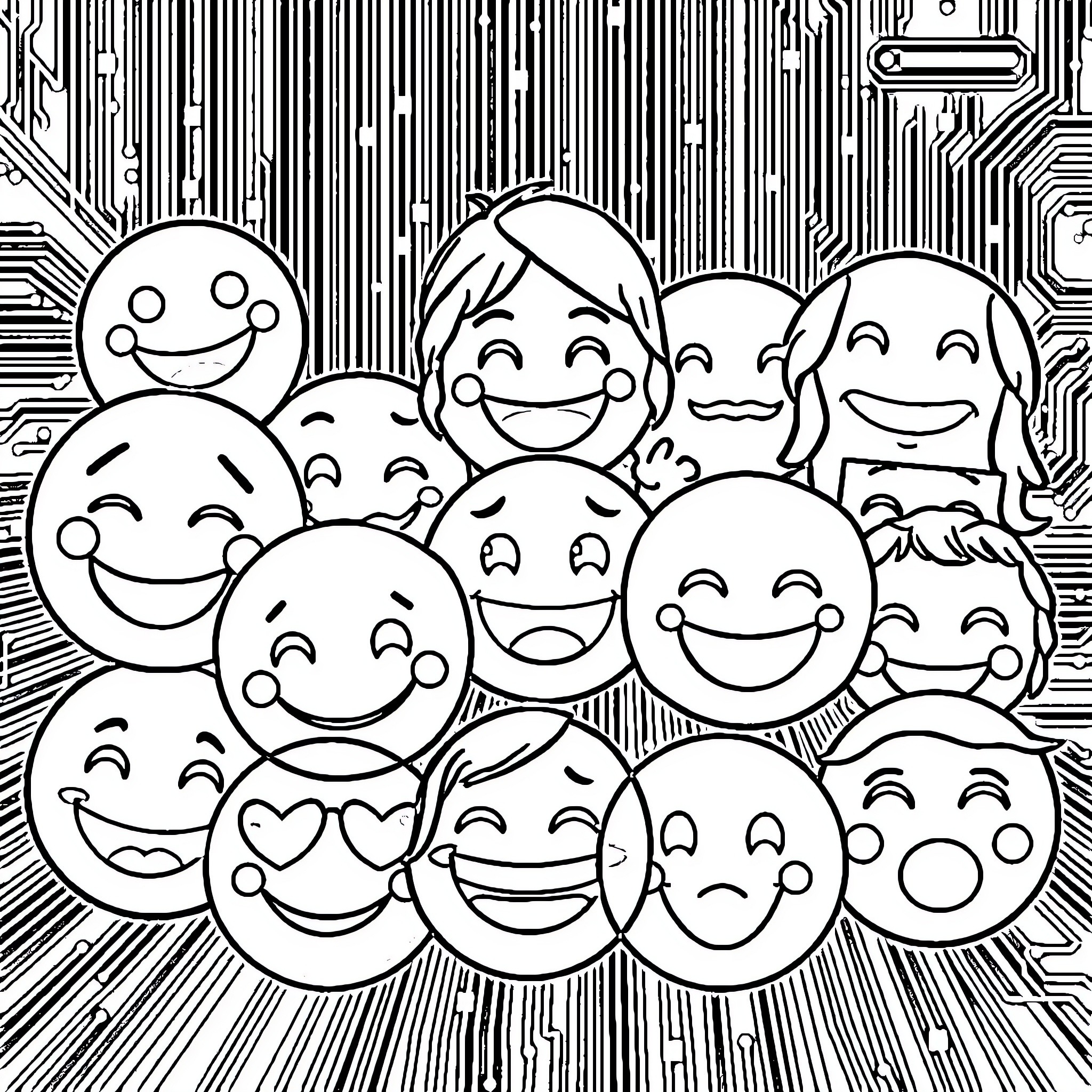 Emoji Expressions of Happiness and Joy Coloring Page (free black-and-white line drawing printable PDF for all, from beginners to advanced learners, including children, teens, adults, and seniors)