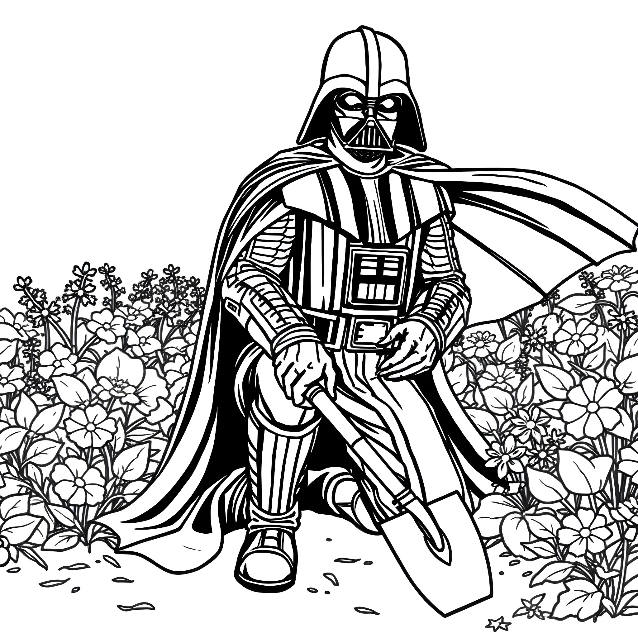 Dart Vader standing amidst a floral landscape Coloring Page (free black-and-white line drawing printable PDF for all, from beginners to advanced learners, including children, teens, adults, and seniors)