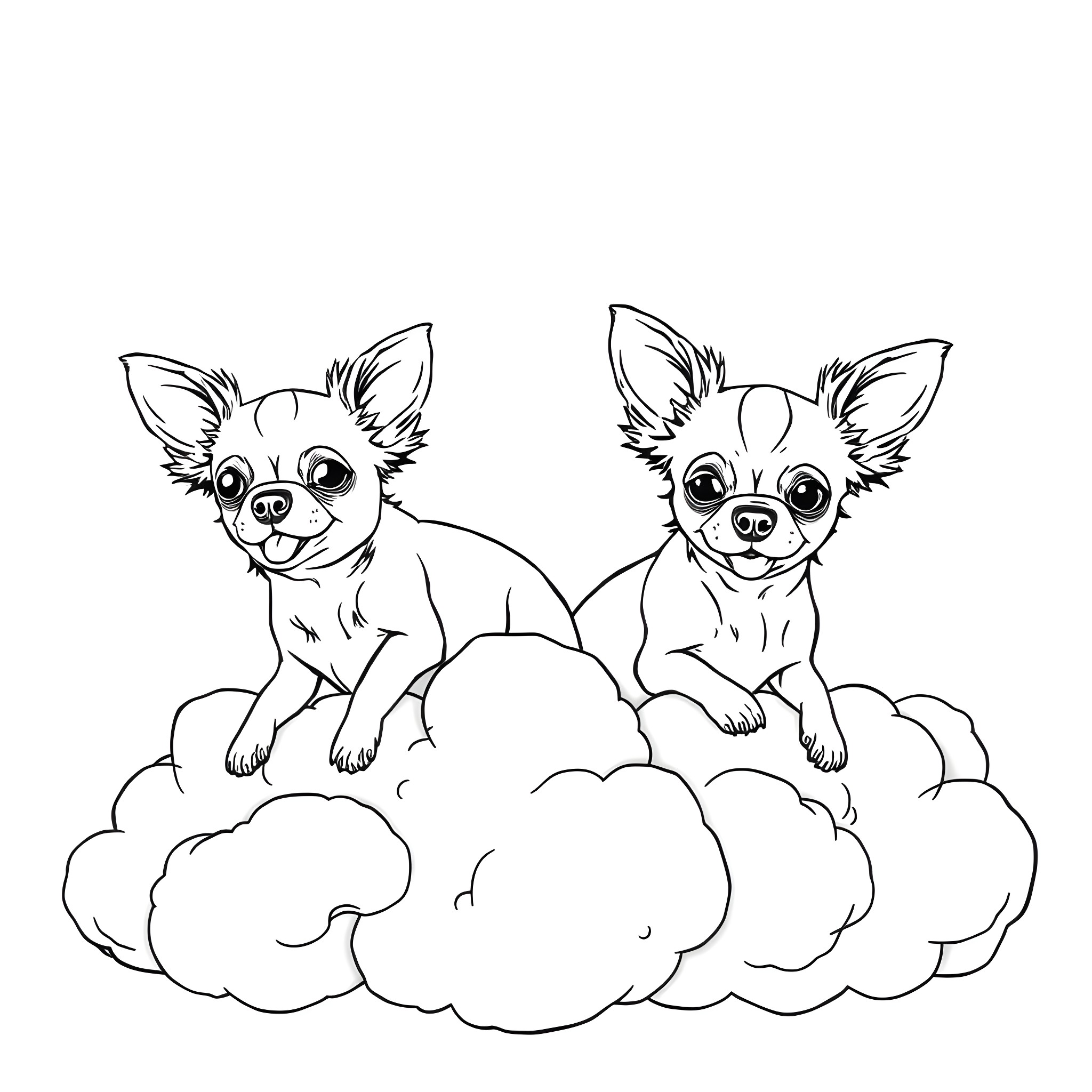 Chihuahuas frolicking playfully on clouds Coloring Page (free black-and-white line drawing printable PDF for all, from beginners to advanced learners, including children, teens, adults, and seniors)