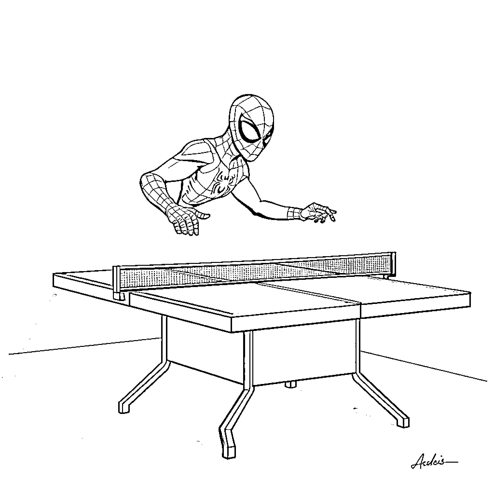 Spiderman playing ping pong on a table Coloring Page (free black-and-white line drawing printable PDF for all, from beginners to advanced learners, including children, teens, adults, and seniors)