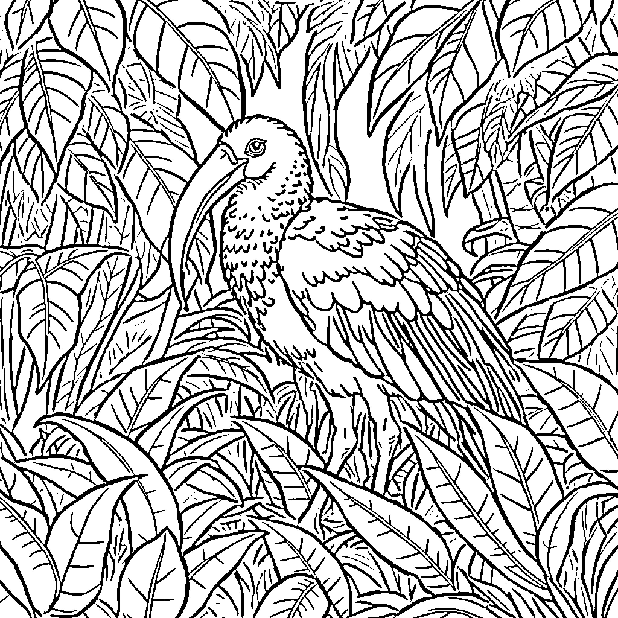 Dodo in lush tropical foliage Coloring Page (free black-and-white line drawing printable PDF for all, from beginners to advanced learners, including children, teens, adults, and seniors)