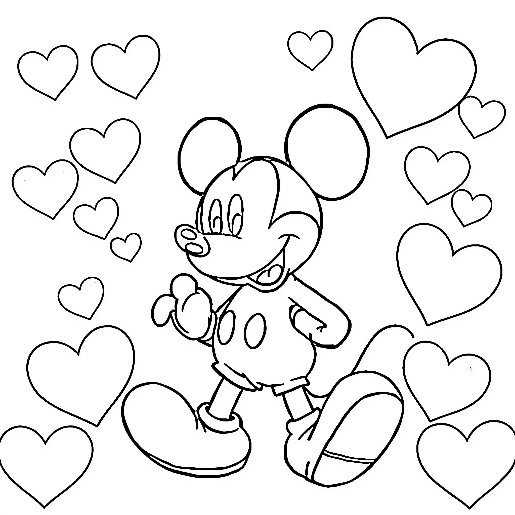 Mickey Mouse surrounded by hearts Coloring Page (free black-and-white line drawing printable PDF for all, from beginners to advanced learners, including children, teens, adults, and seniors)