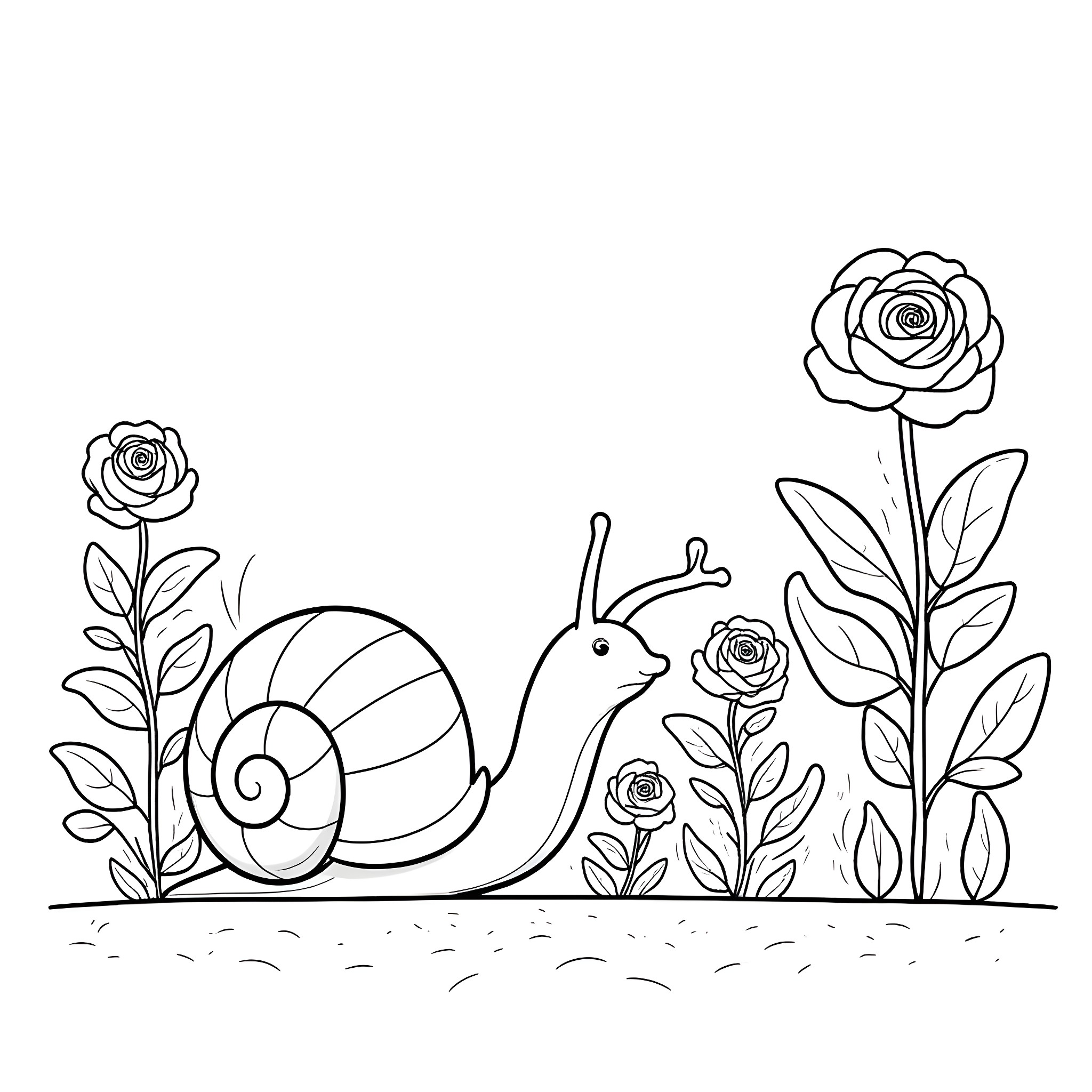 Snail crawling among flowering plants Coloring Page (free black-and-white line drawing printable PDF for all, from beginners to advanced learners, including children, teens, adults, and seniors)