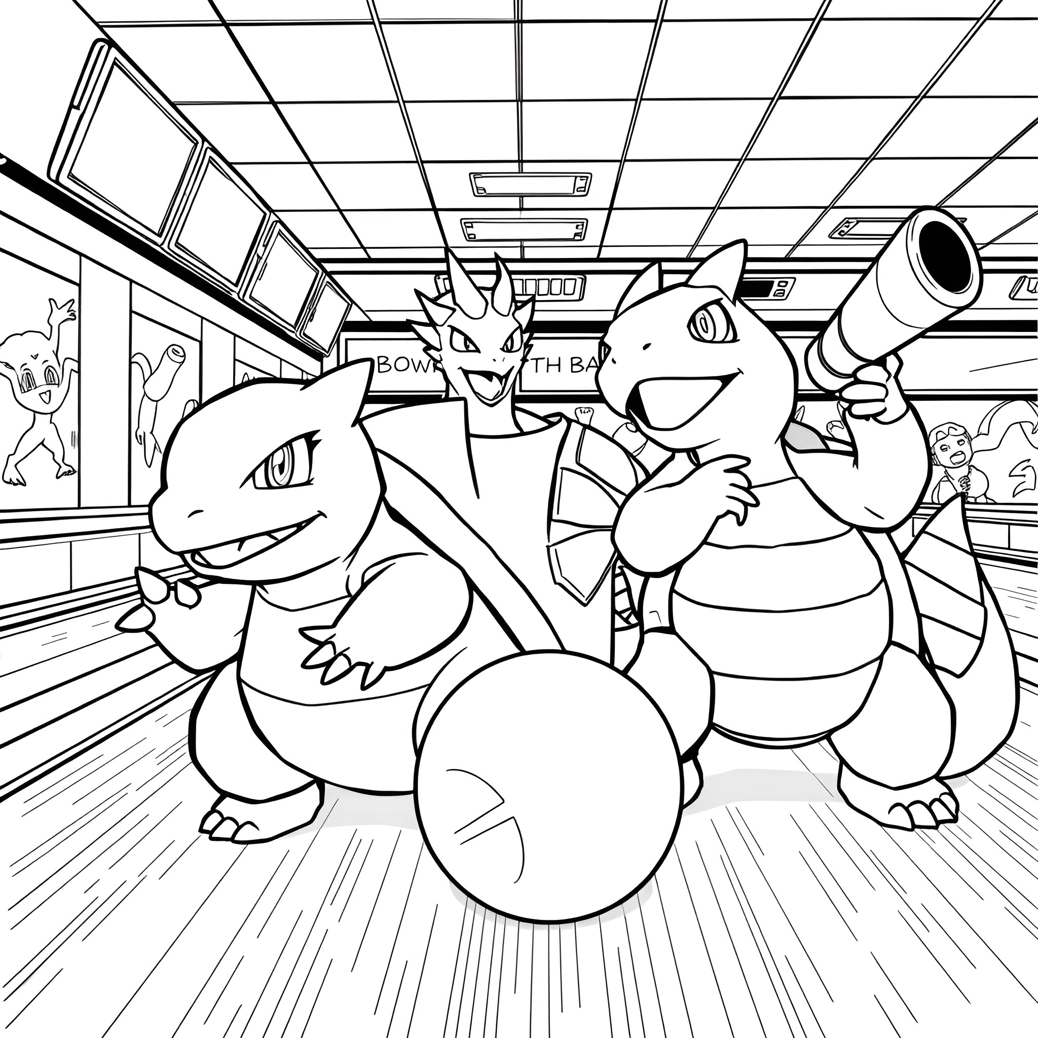Pokémon characters battling in a game arcade Coloring Page (free black-and-white line drawing printable PDF for all, from beginners to advanced learners, including children, teens, adults, and seniors)
