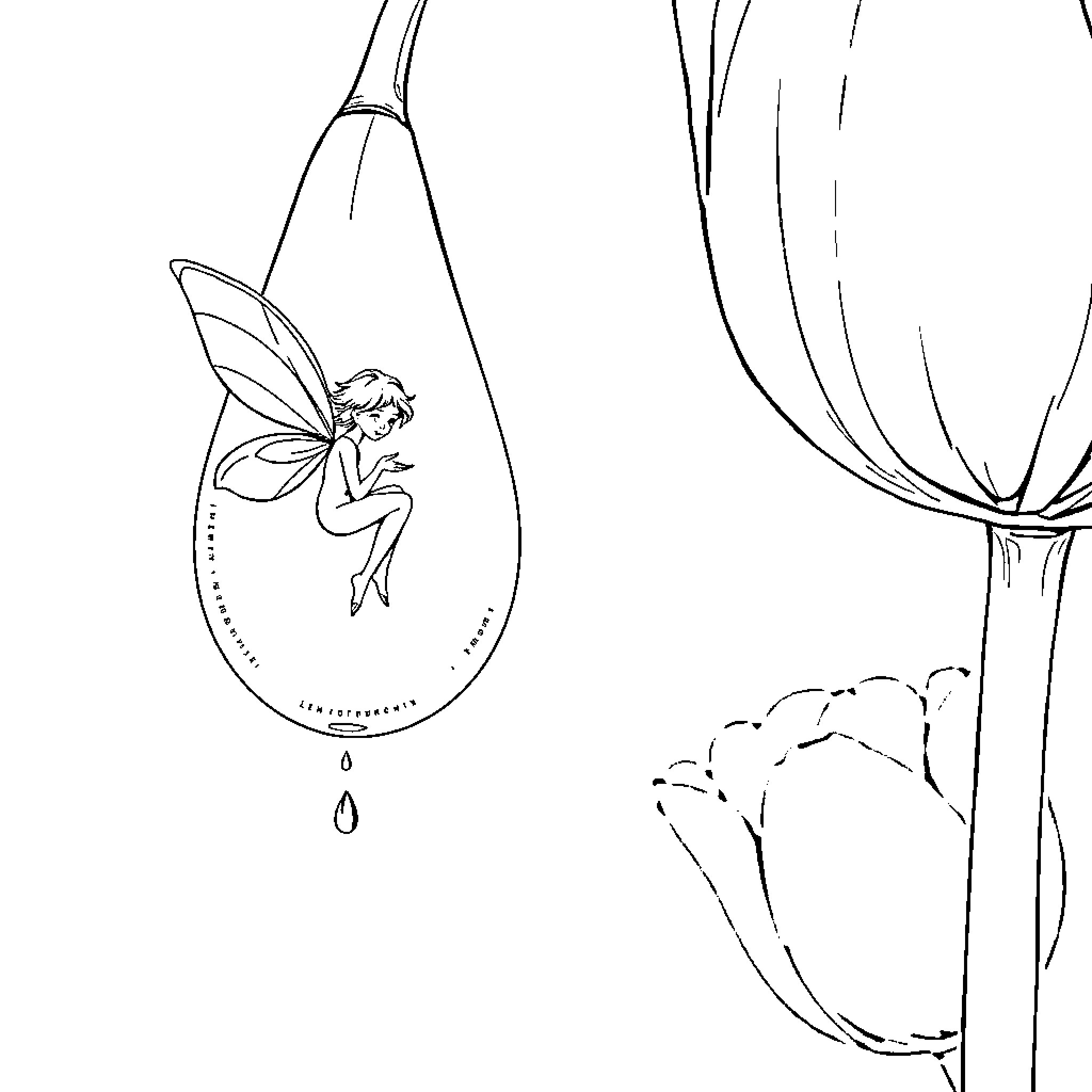 Fairy resting in a dewdrop Coloring Page (free black-and-white line drawing printable PDF for all, from beginners to advanced learners, including children, teens, adults, and seniors)