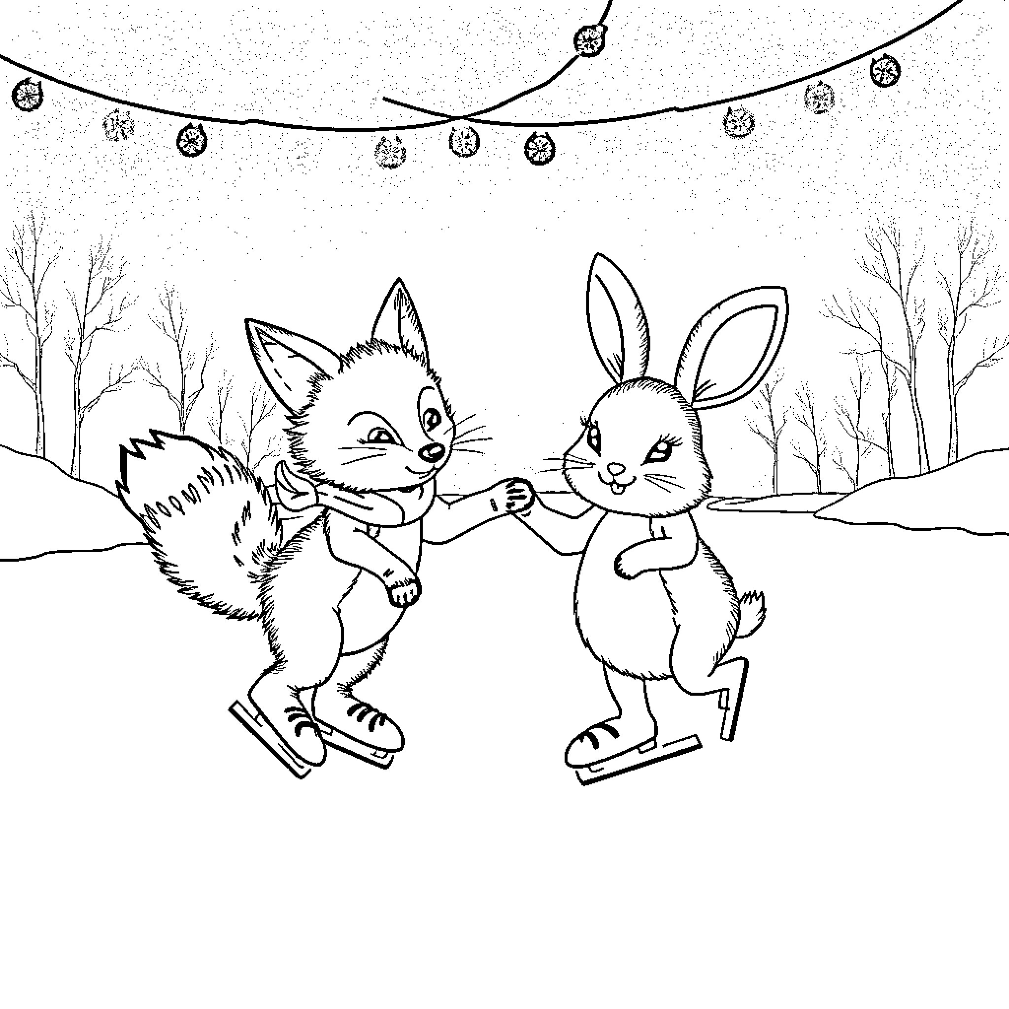 Fox and Rabbit Skating in Wintry Scene Coloring Page (free black-and-white line drawing printable PDF for all, from beginners to advanced learners, including children, teens, adults, and seniors)