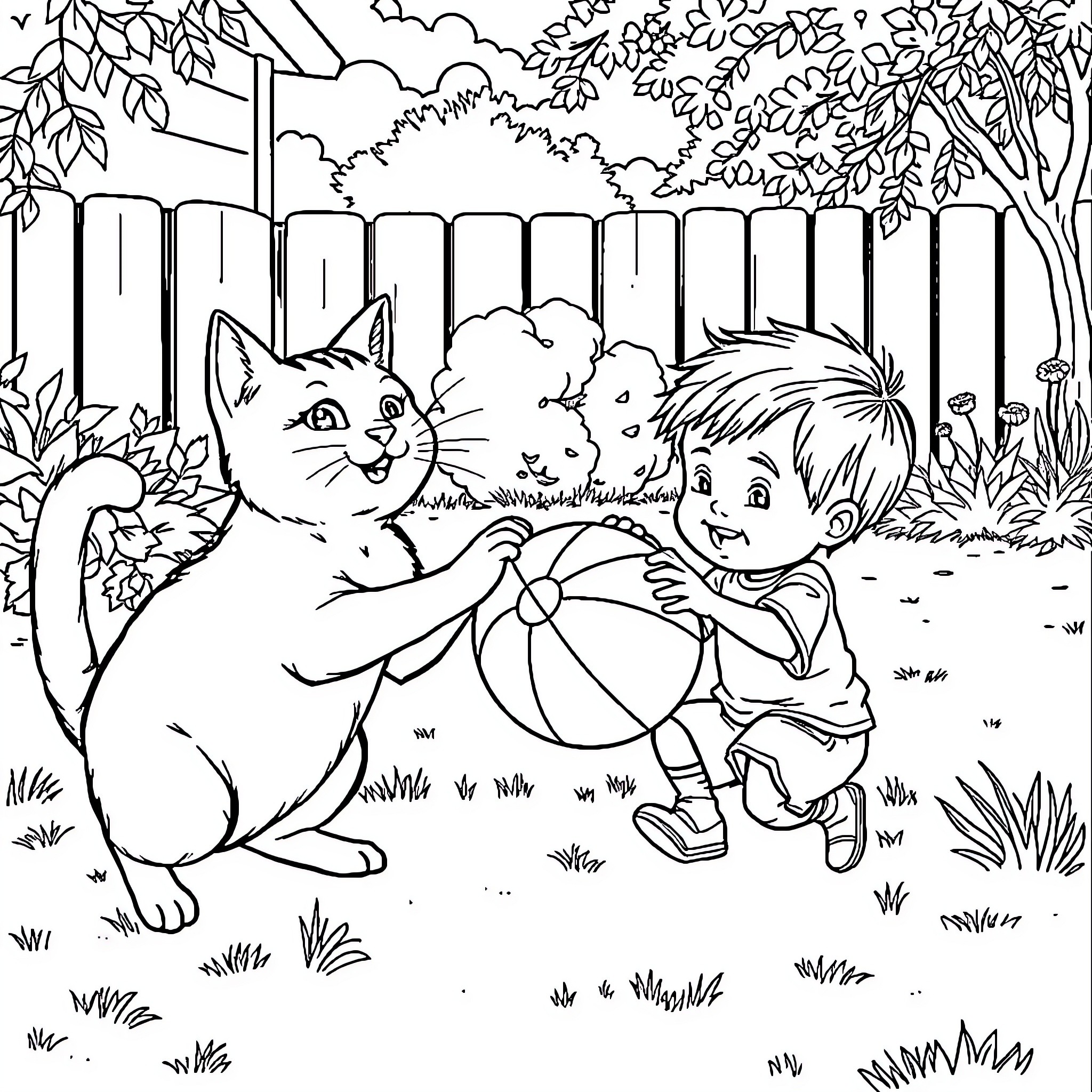 Cat and Child Playing with Ball in the Garden Coloring Page (free black-and-white line drawing printable PDF for all, from beginners to advanced learners, including children, teens, adults, and seniors)