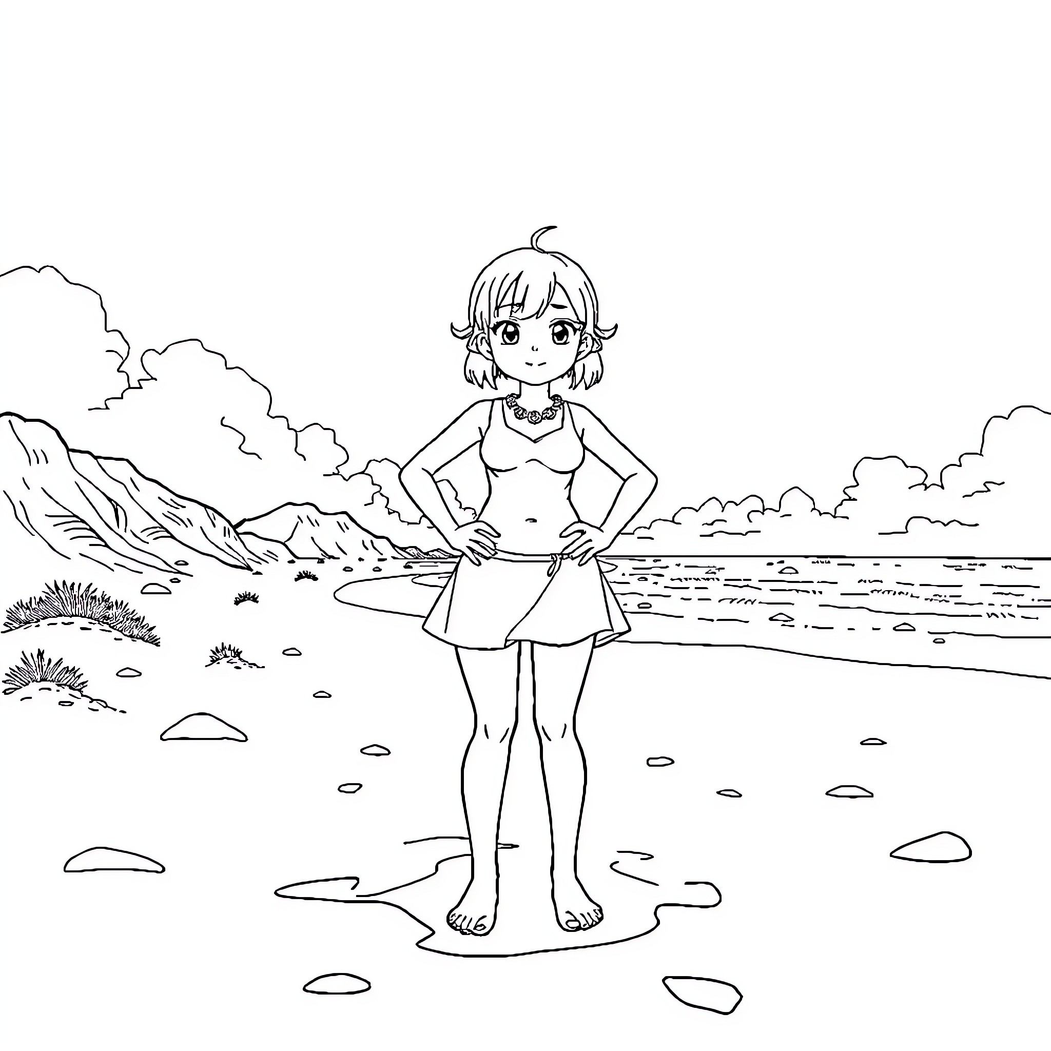 Hinata enjoys the peaceful beach scenery Coloring Page (free black-and-white line drawing printable PDF for all, from beginners to advanced learners, including children, teens, adults, and seniors)