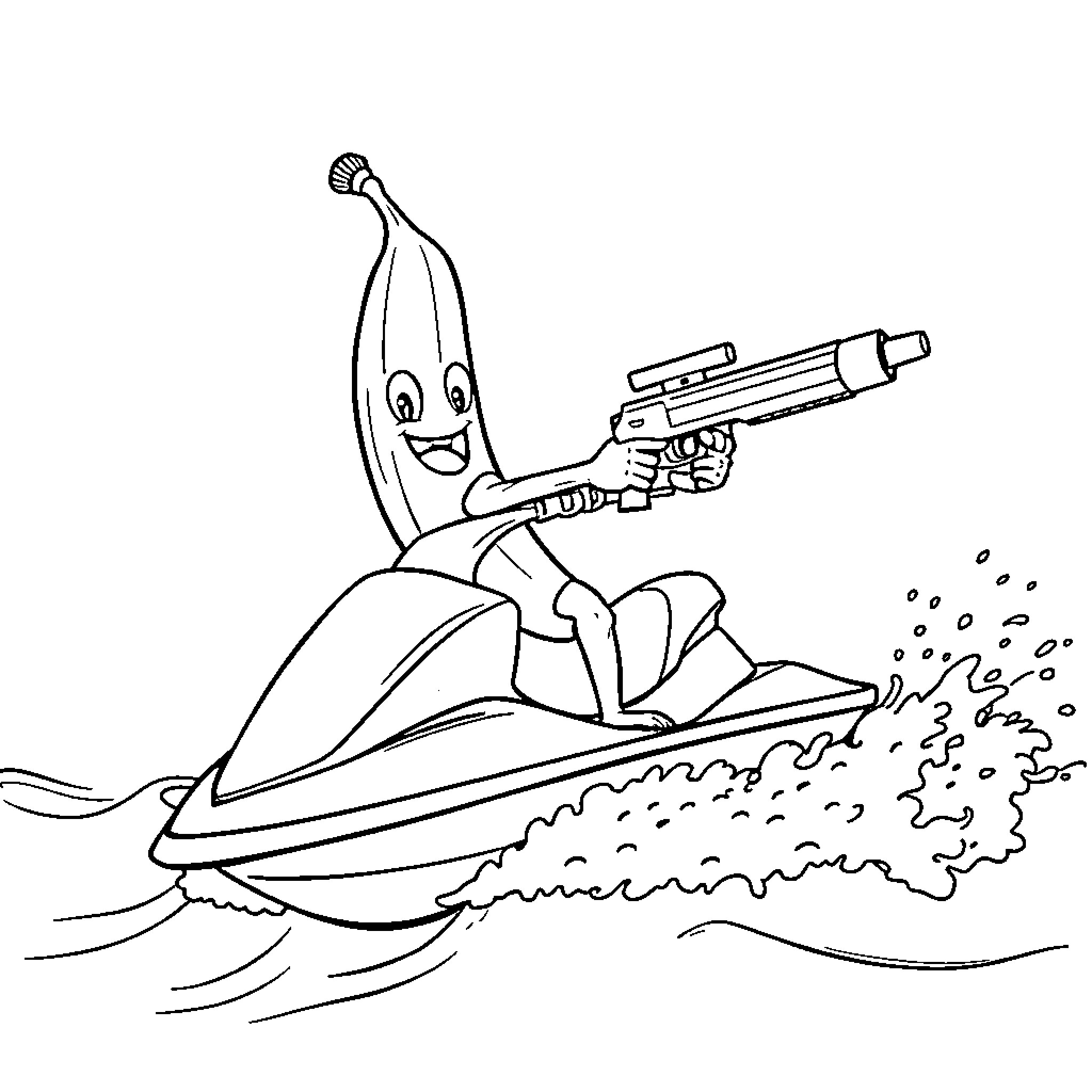 Bone Banana Riding Jet Ski with Gun Coloring Page (free black-and-white line drawing printable PDF for all, from beginners to advanced learners, including children, teens, adults, and seniors)