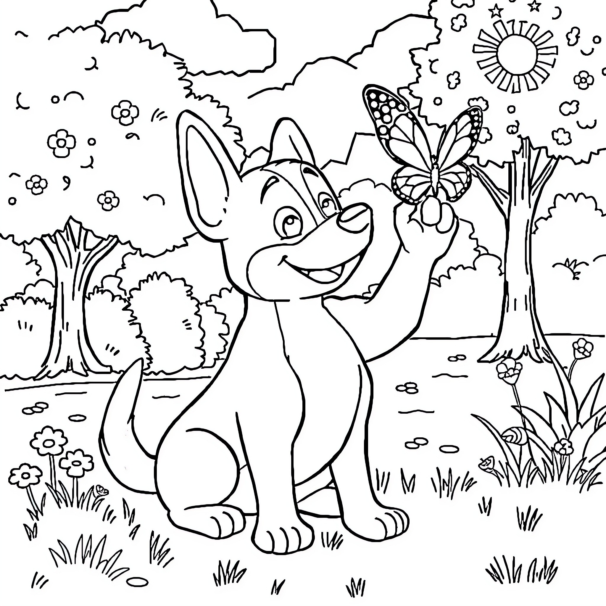 Bluey exploring the beautiful nature Coloring Page (free black-and-white line drawing printable PDF for all, from beginners to advanced learners, including children, teens, adults, and seniors)