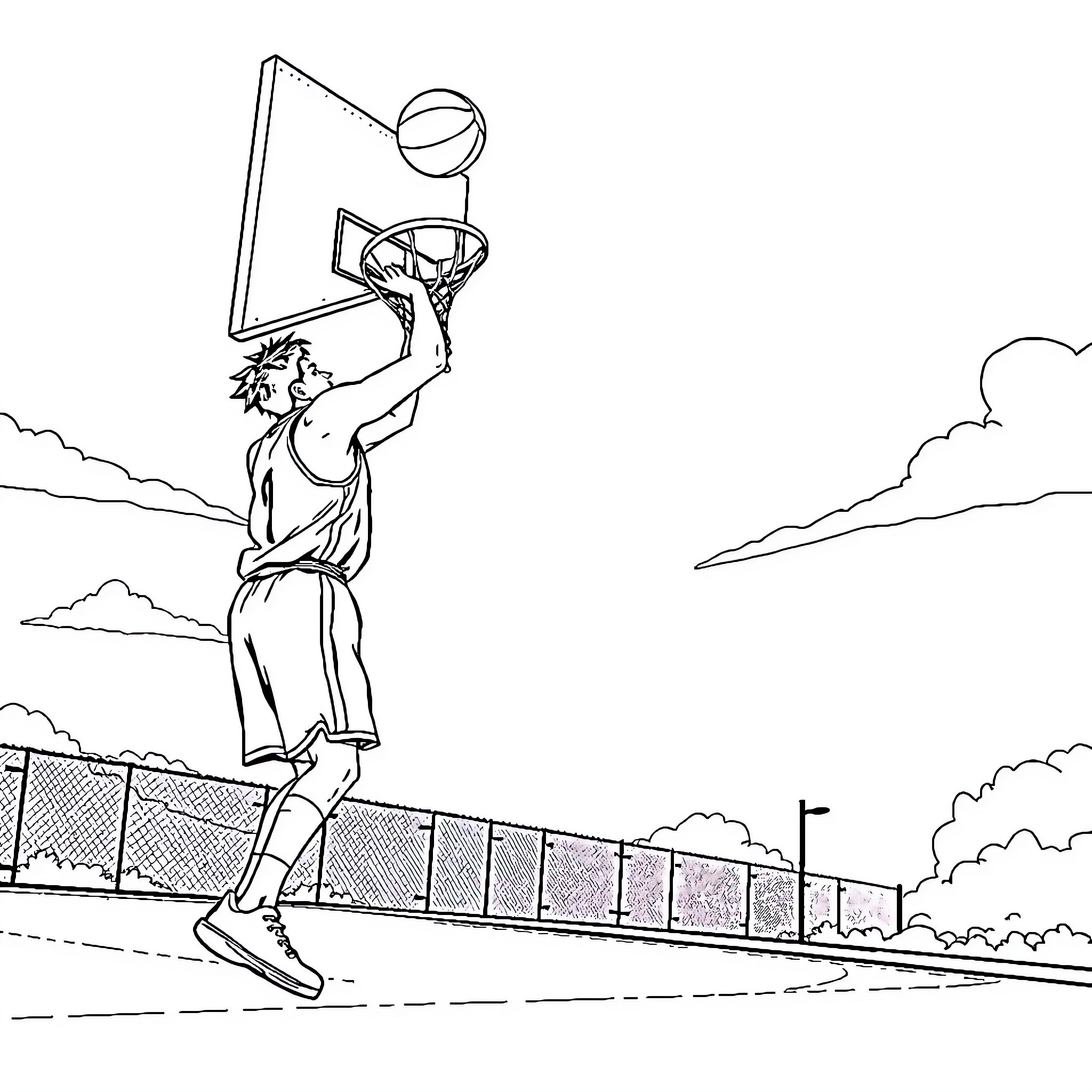 Sangoku Basketball Player's Slam Dunk on the Court Coloring Page (free black-and-white line drawing printable PDF for all, from beginners to advanced learners, including children, teens, adults, and seniors)