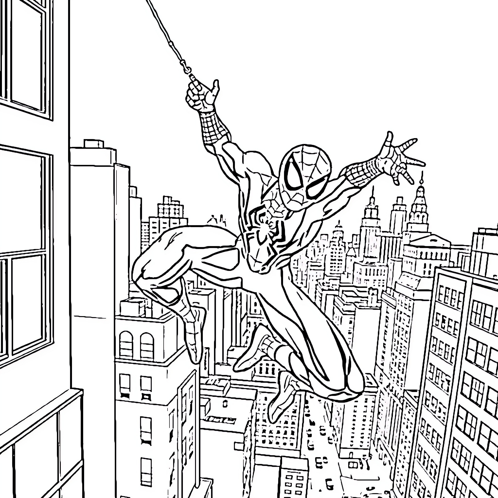 Spiderman swinging through the city skyline Coloring Page (free black-and-white line drawing printable PDF for all, from beginners to advanced learners, including children, teens, adults, and seniors)
