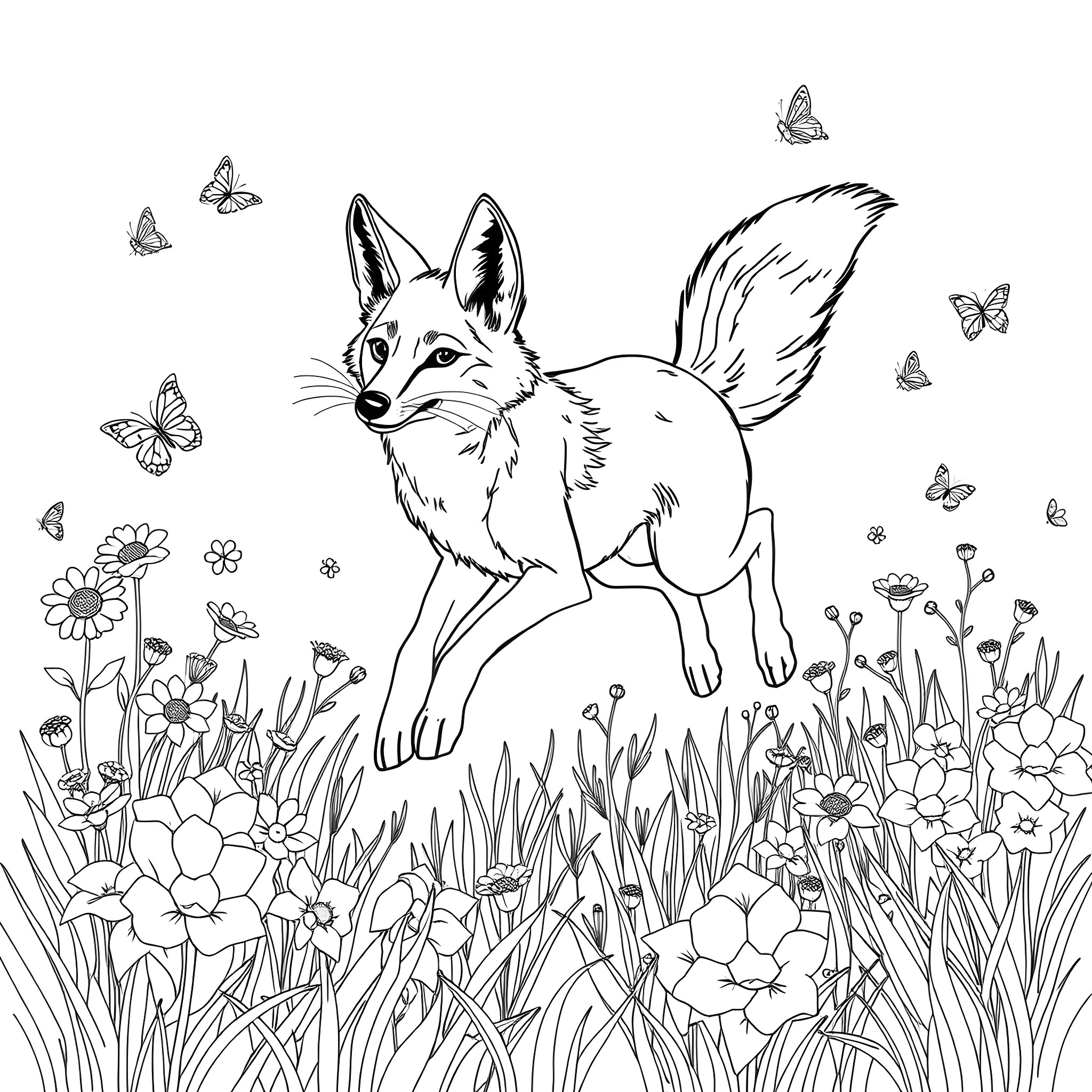 Coyote exploring a floral meadow with butterflies Coloring Page (free black-and-white line drawing printable PDF for all, from beginners to advanced learners, including children, teens, adults, and seniors)