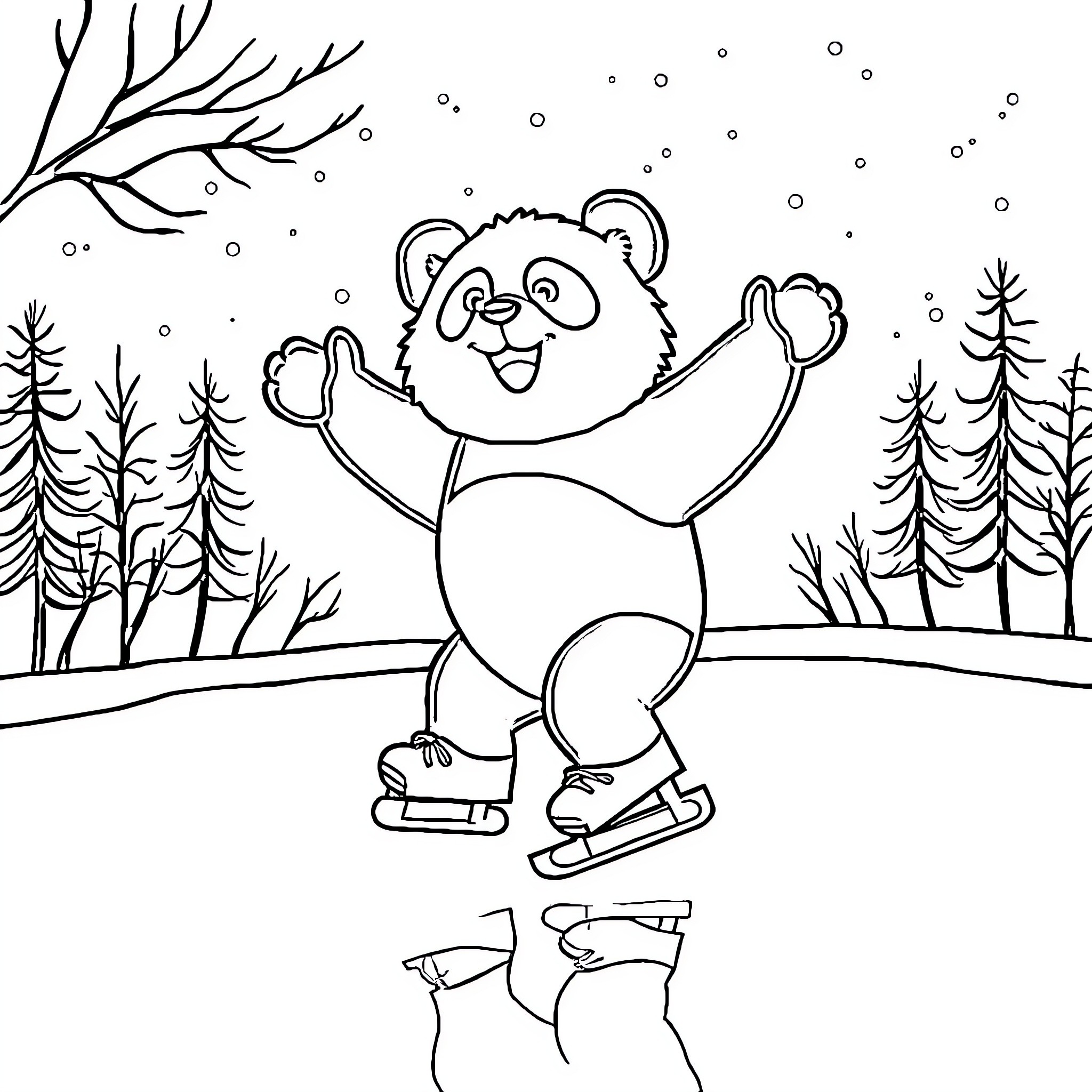 Panda ice skating joyfully in the winter wonderland Coloring Page (free black-and-white line drawing printable PDF for all, from beginners to advanced learners, including children, teens, adults, and seniors)
