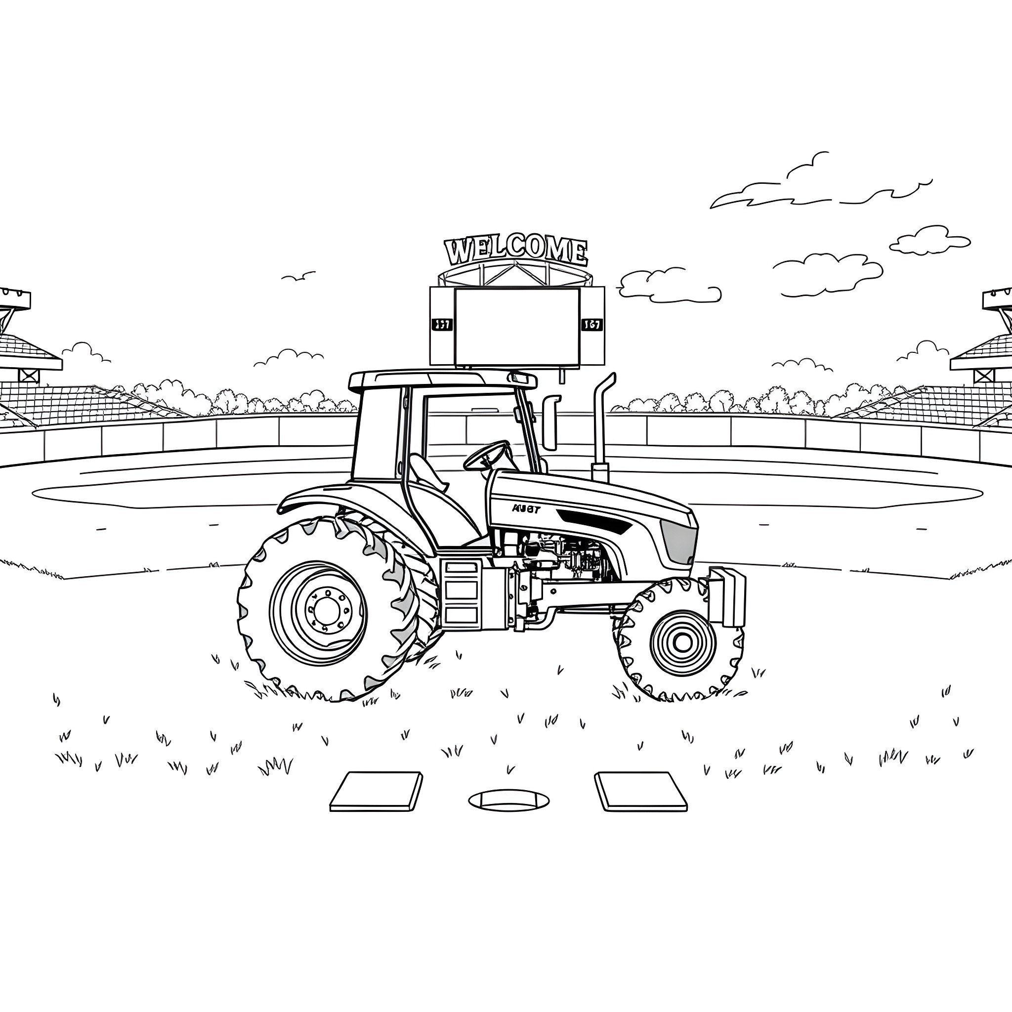 Tractor in welcoming agricultural field Coloring Page (free black-and-white line drawing printable PDF for all, from beginners to advanced learners, including children, teens, adults, and seniors)