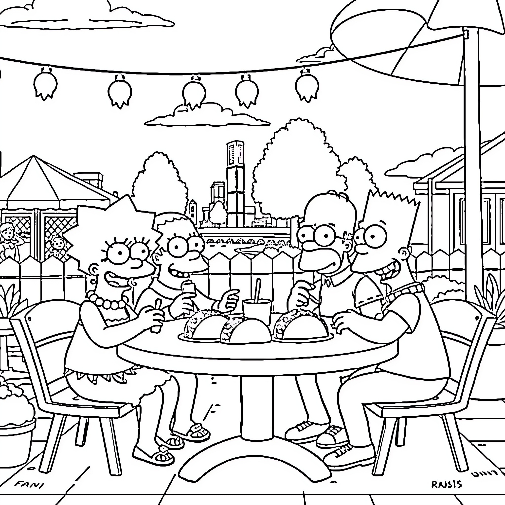 Simpson Family Enjoying Outdoor Gathering Coloring Page (free black-and-white line drawing printable PDF for all, from beginners to advanced learners, including children, teens, adults, and seniors)