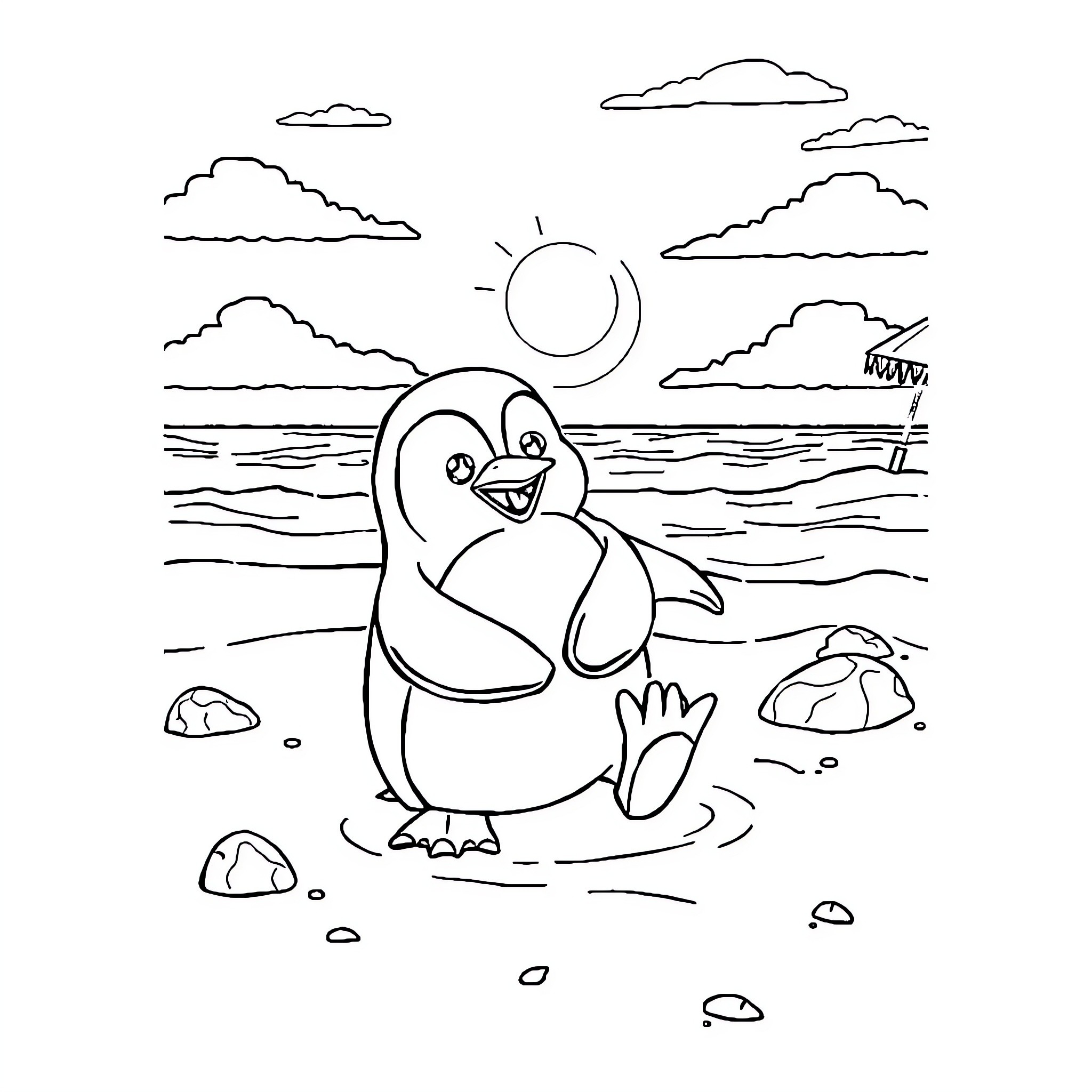 Penguin happily waving on the beach Coloring Page (free black-and-white line drawing printable PDF for all, from beginners to advanced learners, including children, teens, adults, and seniors)