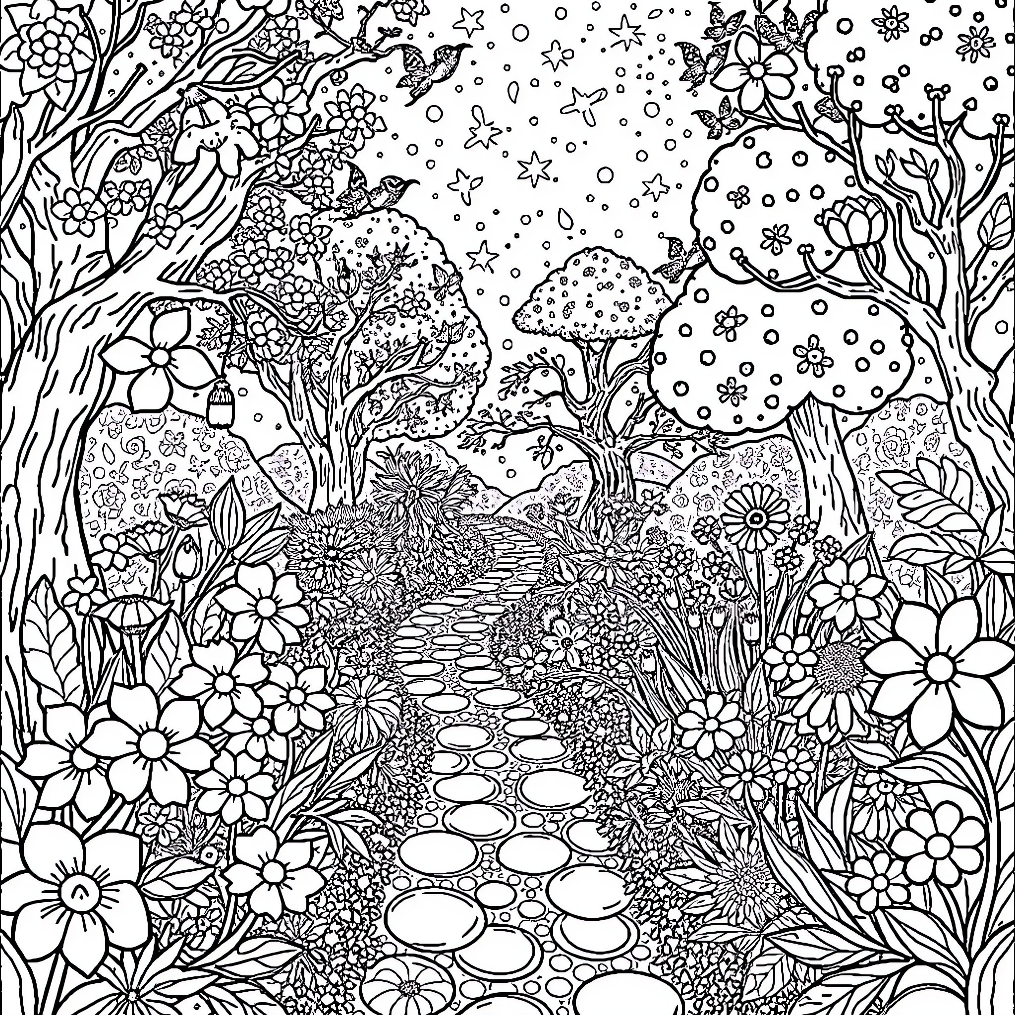 Garden of Whimsical Floral Wonders Coloring Page (free black-and-white line drawing printable PDF for all, from beginners to advanced learners, including children, teens, adults, and seniors)