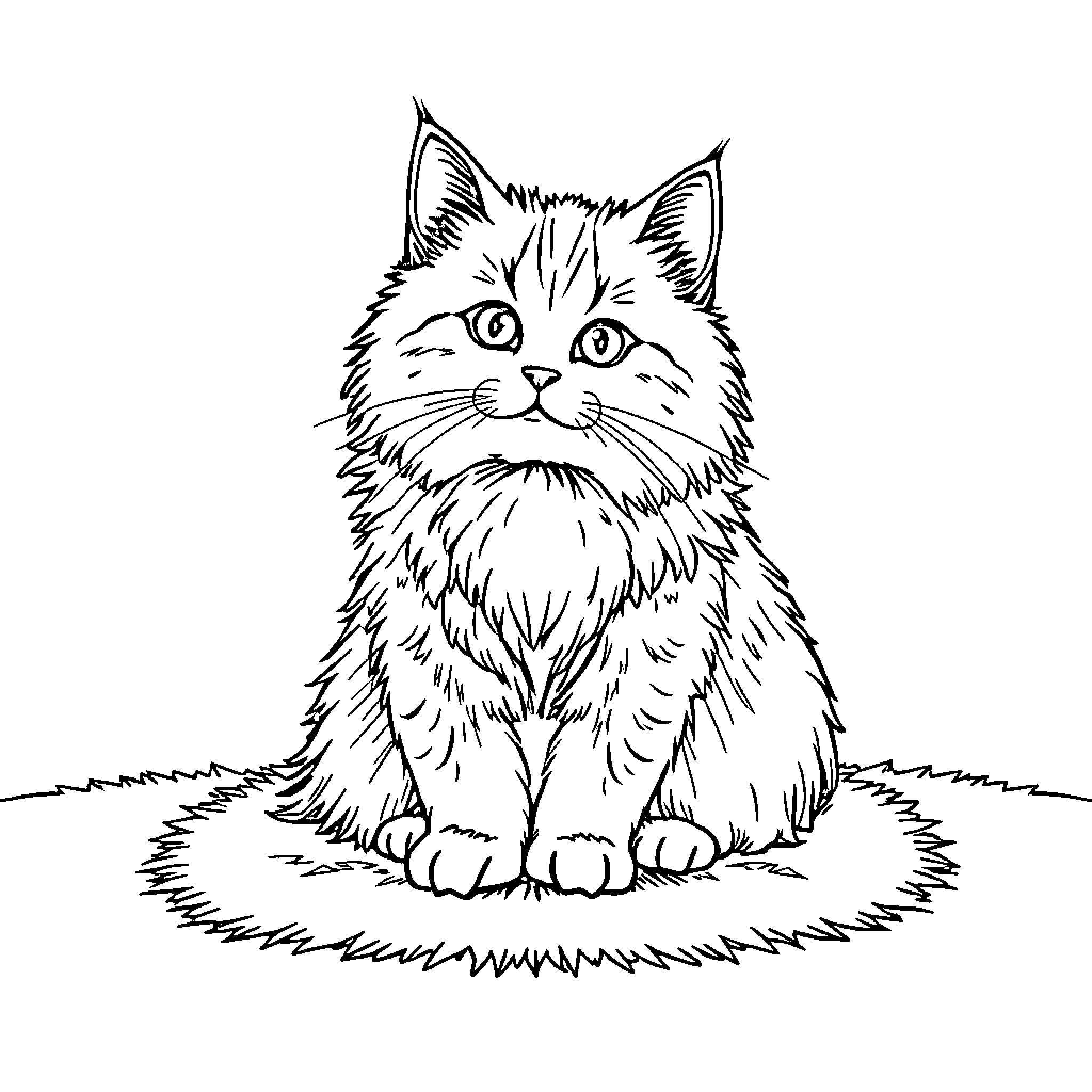 Cat sitting on the grass Coloring Page (free black-and-white line drawing printable PDF for all, from beginners to advanced learners, including children, teens, adults, and seniors)
