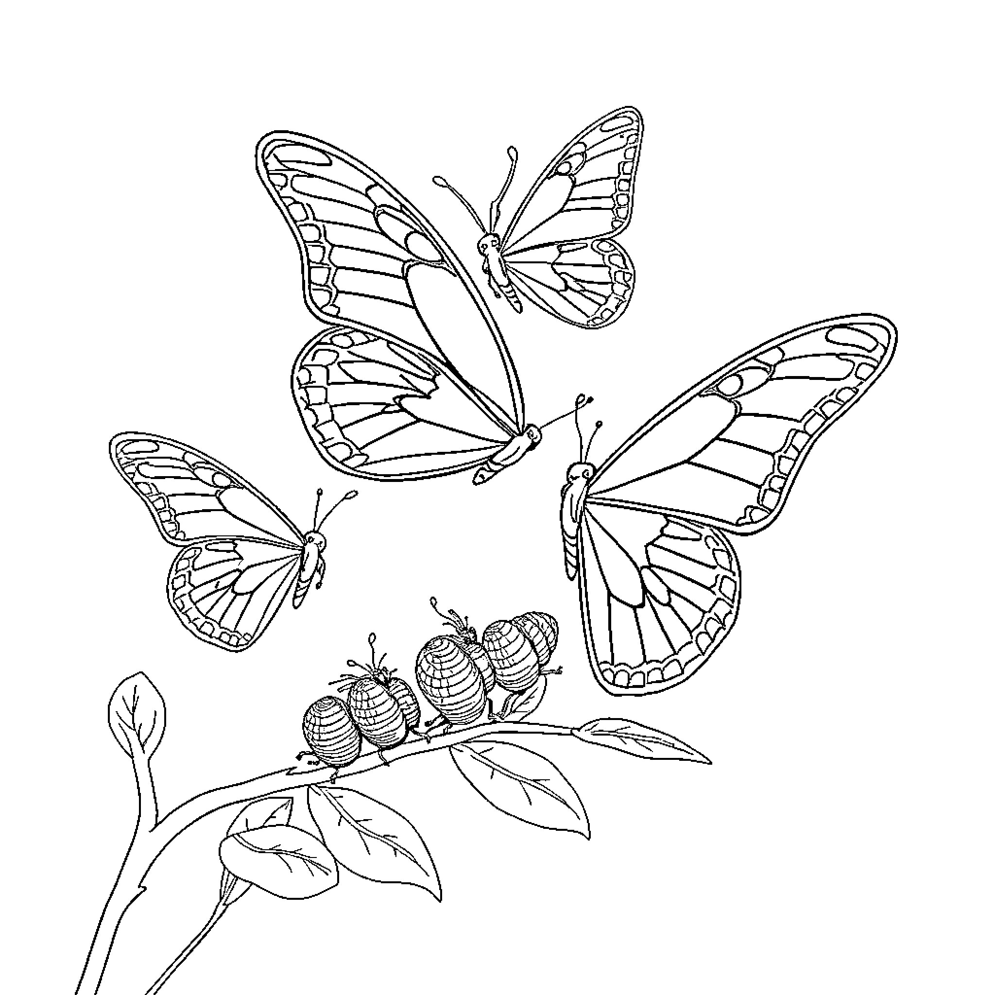 Butterfly Trio Soaring with Caterpillar Companions Coloring Page (free black-and-white line drawing printable PDF for all, from beginners to advanced learners, including children, teens, adults, and seniors)